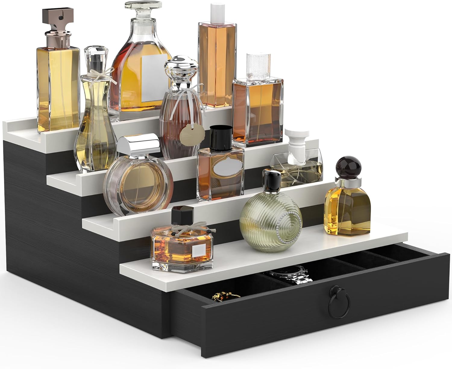 upcessory Cologne Organizer for Men, 4 Tier Perfume Stand, Cologne Shelf with Drawer and Hidden Compartment Perfume Display Holder, A Gift for Men