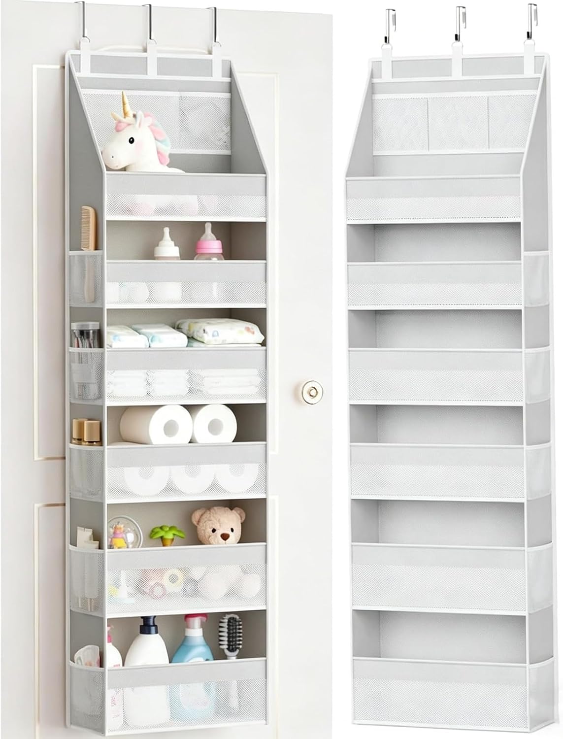 Over the Door Organizer, 6-Shelf Closet Hanging Storage with 13 Mesh Pockets, Hanging Door Organizer, 55lbs Capacity, for Baby Nursery, Bathroom, Bedroom, and Dorm (Grey)