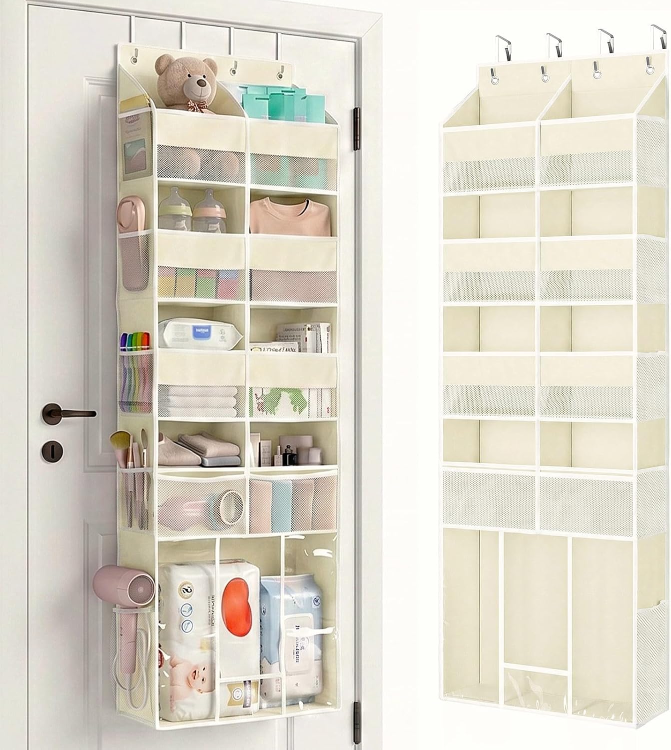 Yecaye 1 Pack Over the Door Nursery Organiser, 5-Tier Swing-Proof Back of Door Storage, Newborn Large Capacity Hanging Bathroom Organisers and Storage for Baby Essential Stuff, Diaper and Toy, Beige