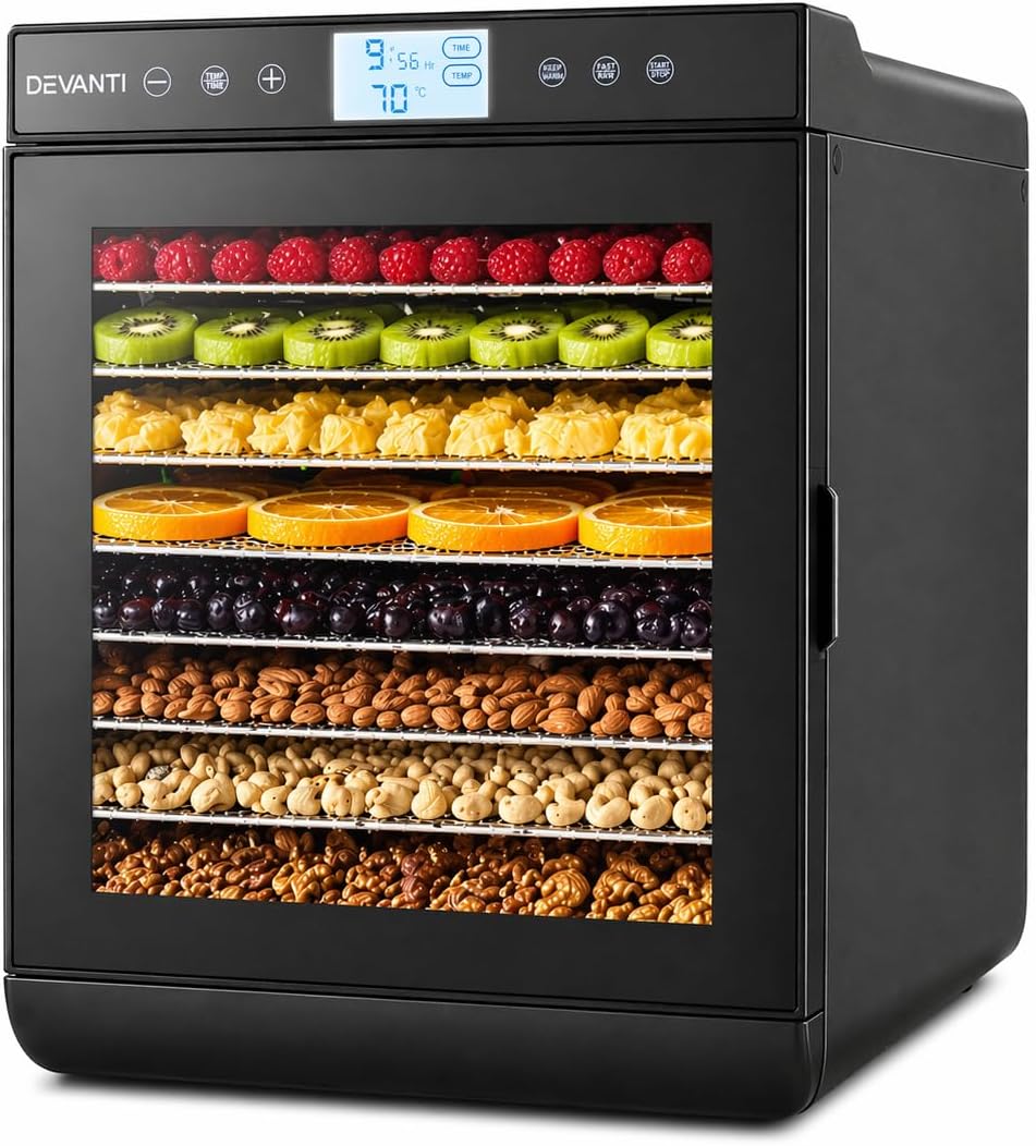 Devanti Food Dehydrator, 10 Trays 700W Electric Excalibur Dehydrators Dryer Machine Oven Jerky Yogurt Fruit Maker Home Small Kitchen Appliances, Stainless Steel Adjustable Temperature Control Black