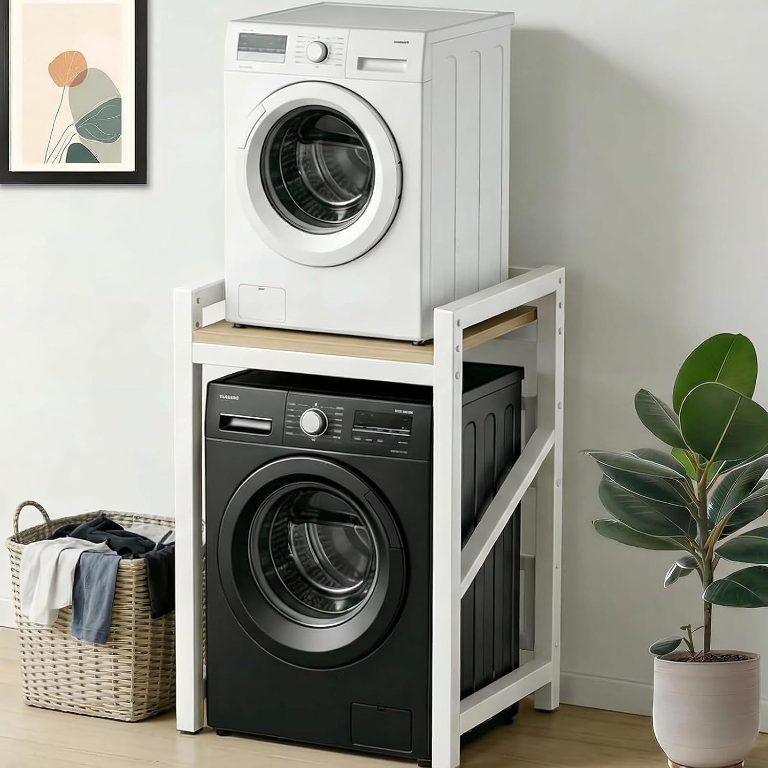 2-Tier Over Washing Machine Storage Rack,Washer Dryer Stacking Rack with Adjustable Shelves,Space Saver,Load Capacity 350kg, for Bathrooms Laundry Rooms Balconies (White)
