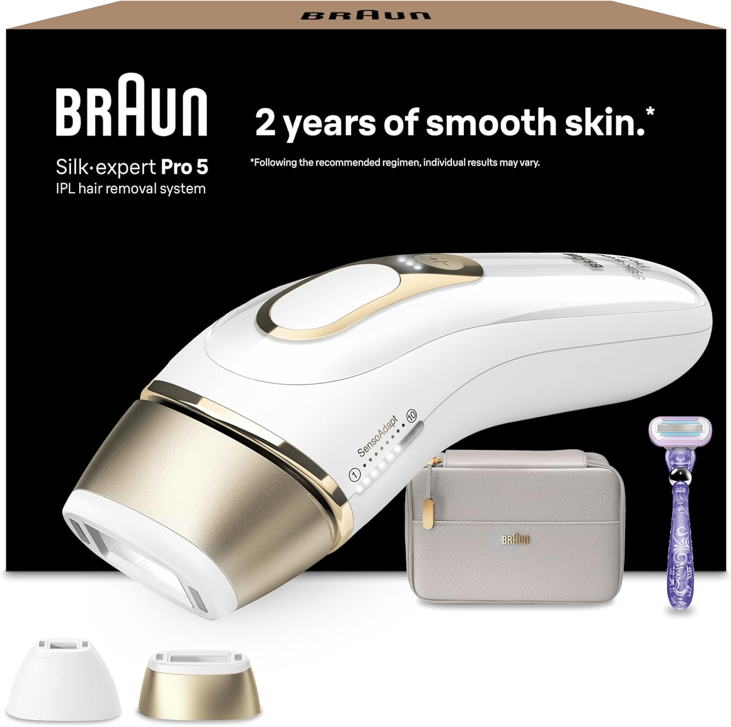 Braun IPL Hair Removal for Women and Men, Silk Expert Pro 5 PL5157, Body & Face, at-Home Permanent Reduction, Alternative to Salon Laser Hair Removal, with Venus Razor, Pouch, White/Gold