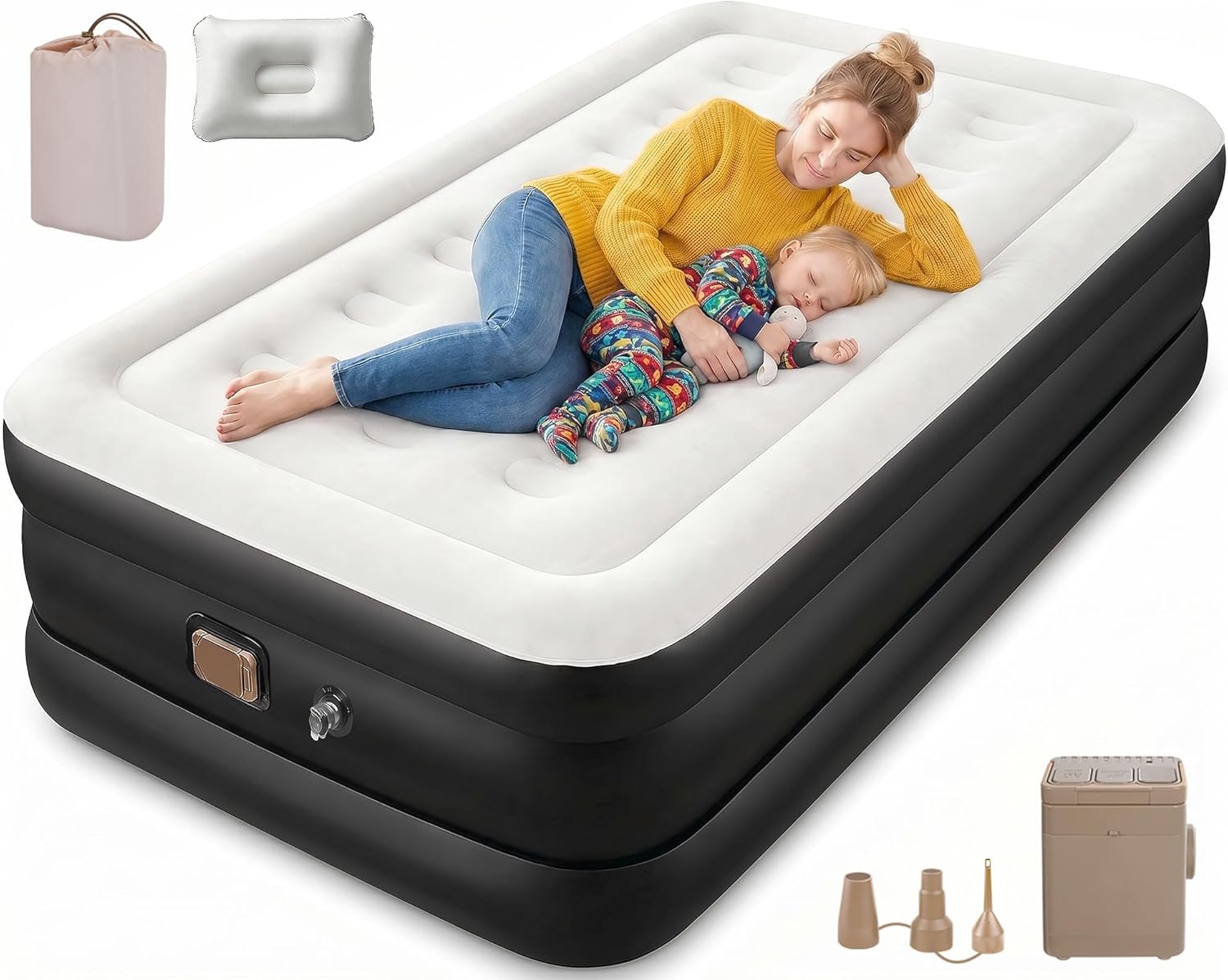 Single Air Mattress with Built-in Pump, Quick Self-Inflation Air Bed with Inflatable Pillow & Bag, Comfortable Blow Up Bed for Home Portable Camping,190x99x46cm
