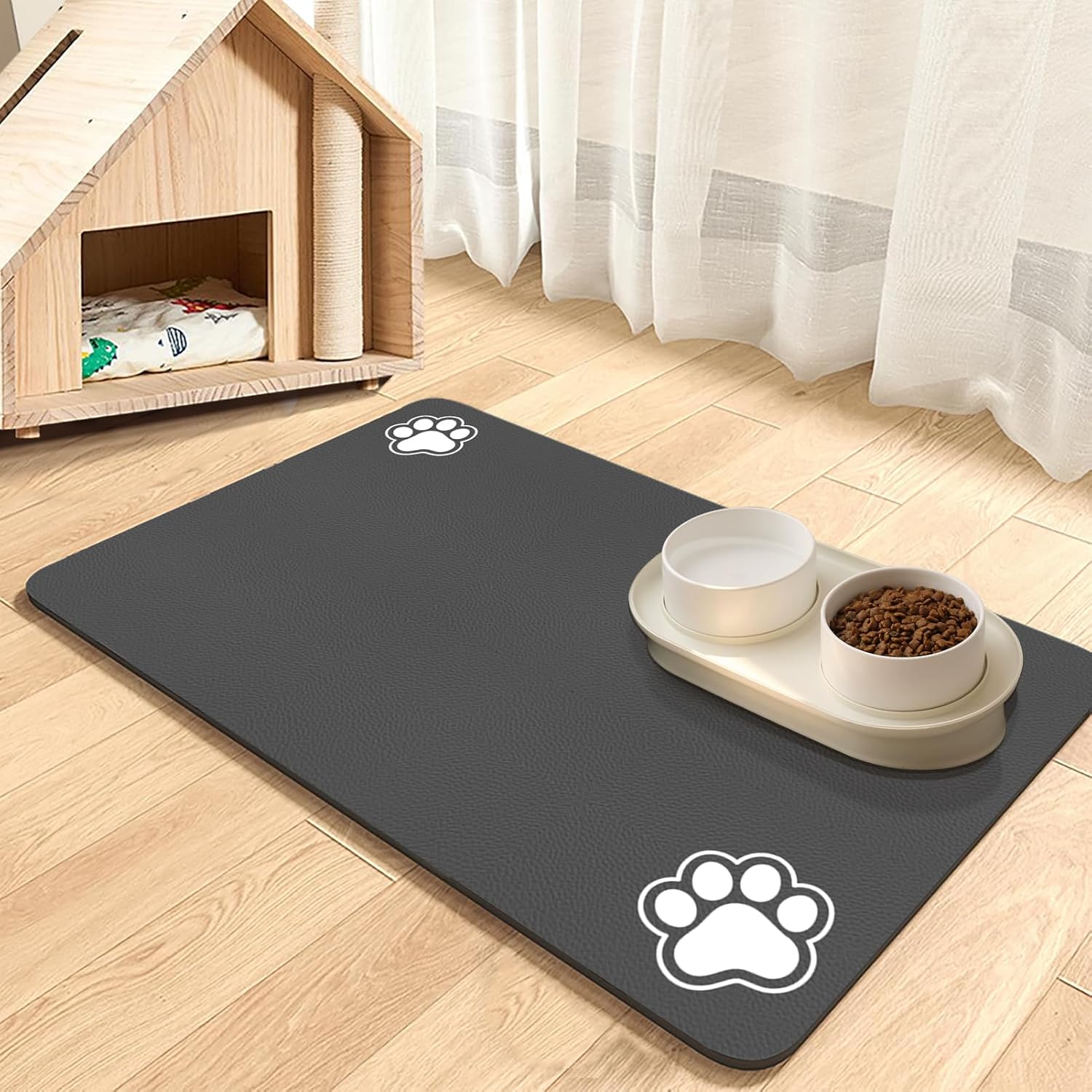 Pet Food Mat, Absorbent Dog Mat for Food and Water, Pet Placemats for Cat and Dog Water Bowl, Non-Slip Dog Food Mat, Dog Feeding Mat to Protect Your Floors (Dark Grey-2 Paws, 30 x 50 cm)