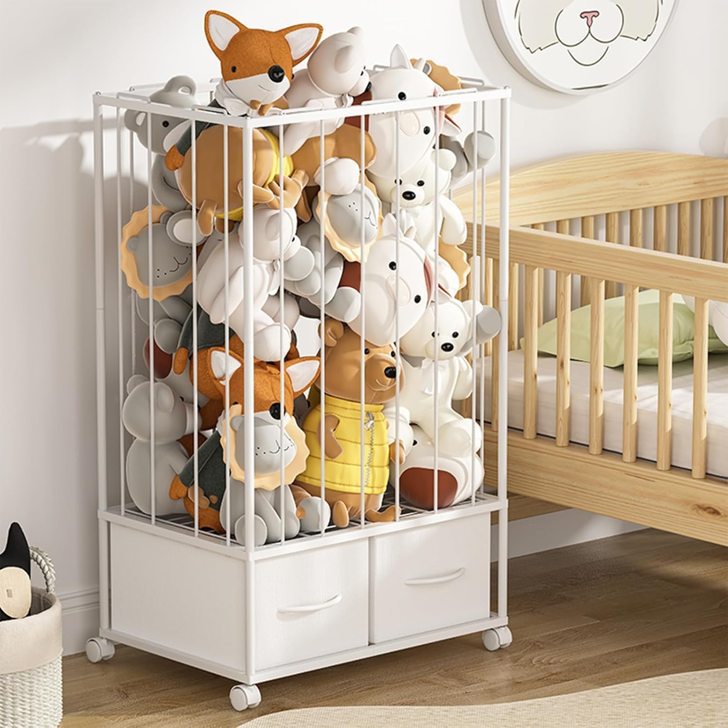 Uandhome Stuffed Animal Storage Rack, Large Capacity Toy Organizer & Display Shelf with 2 Drawers & Wheels, Space Saving Portable Storage Unit for Kids Room, Playroom, Bedroom, 60x42x102cm, White