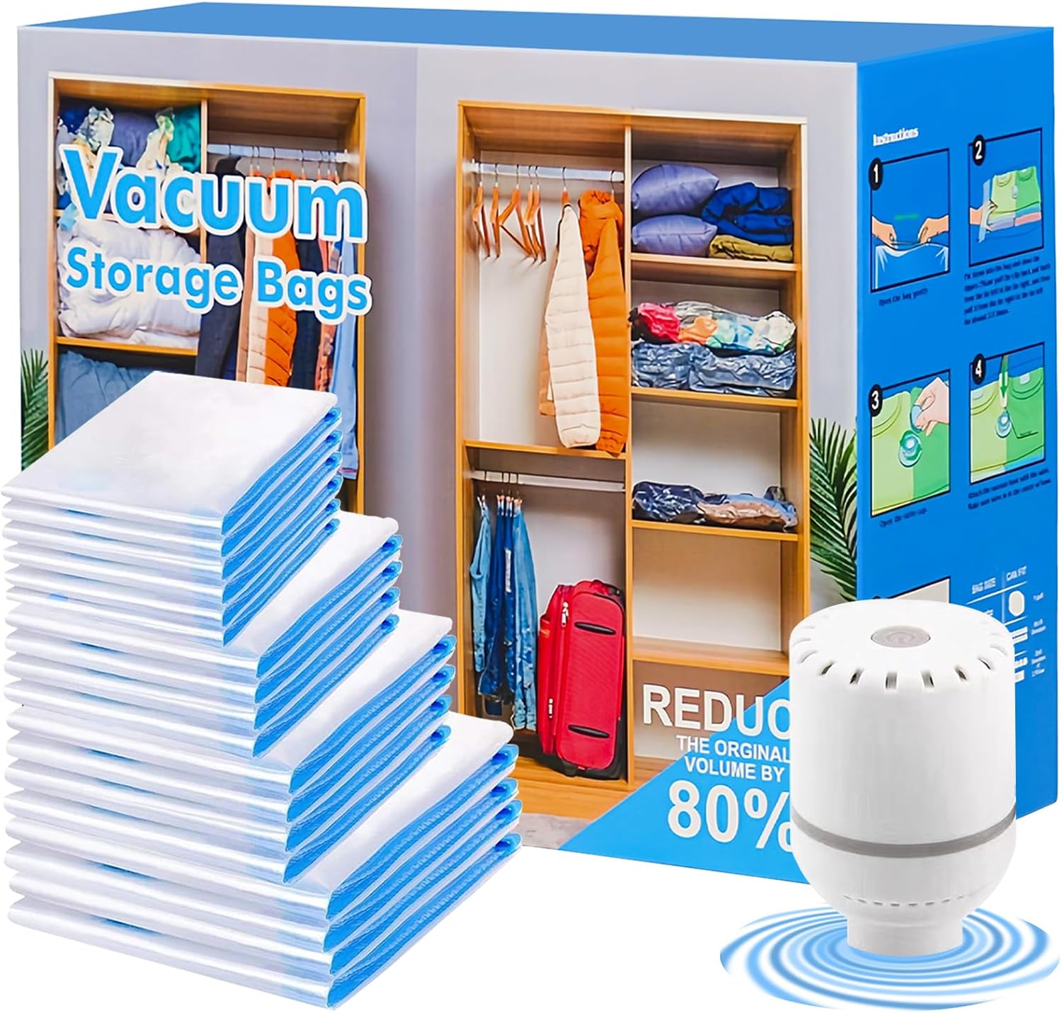 18 Pack Space Saver Vacuum Storage Bags with Electric Pump (4 Jumbo/4 Large/4 Medium/4 Small/2 Roll), Vacuum Seal Bags for Clothing, Vacuum Bags for Blankets and Comforters, Space Bags