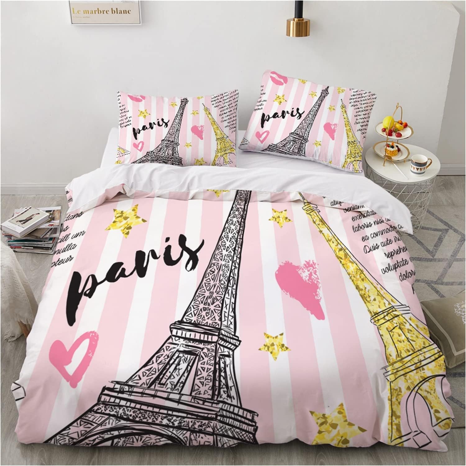 Eveone Paris Tower Duvet Cover Quilt Cover Single/Double/Queen/King Size Bed Sheets Pillowcase Set Rose Flower Delicate Elegant Embroidery France Retro Simple Bedding 3/4PCS (Double-180*210cm-3pcs,4)