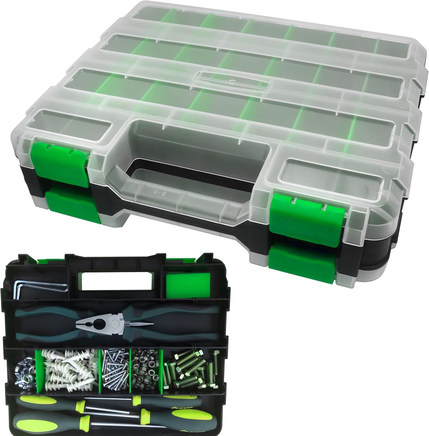 Tools Organizer Box Small Parts Storage Box 50-Compartment Double Side Hardware Organizers with Removable Plastic Dividers for Screws, Nuts, Nails, Bolts (Green)