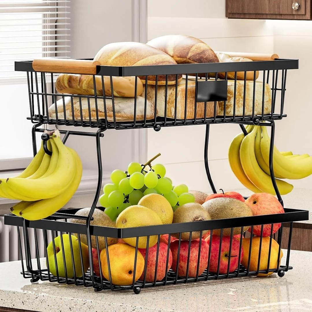 2 Tier Countertop Fruit Basket Bowl with 2 Banana Hangers, Kitchen Counter Metal Wire Fruit Storage Basket Stand Holder Organiser for Bread Snacks Veggies Produce