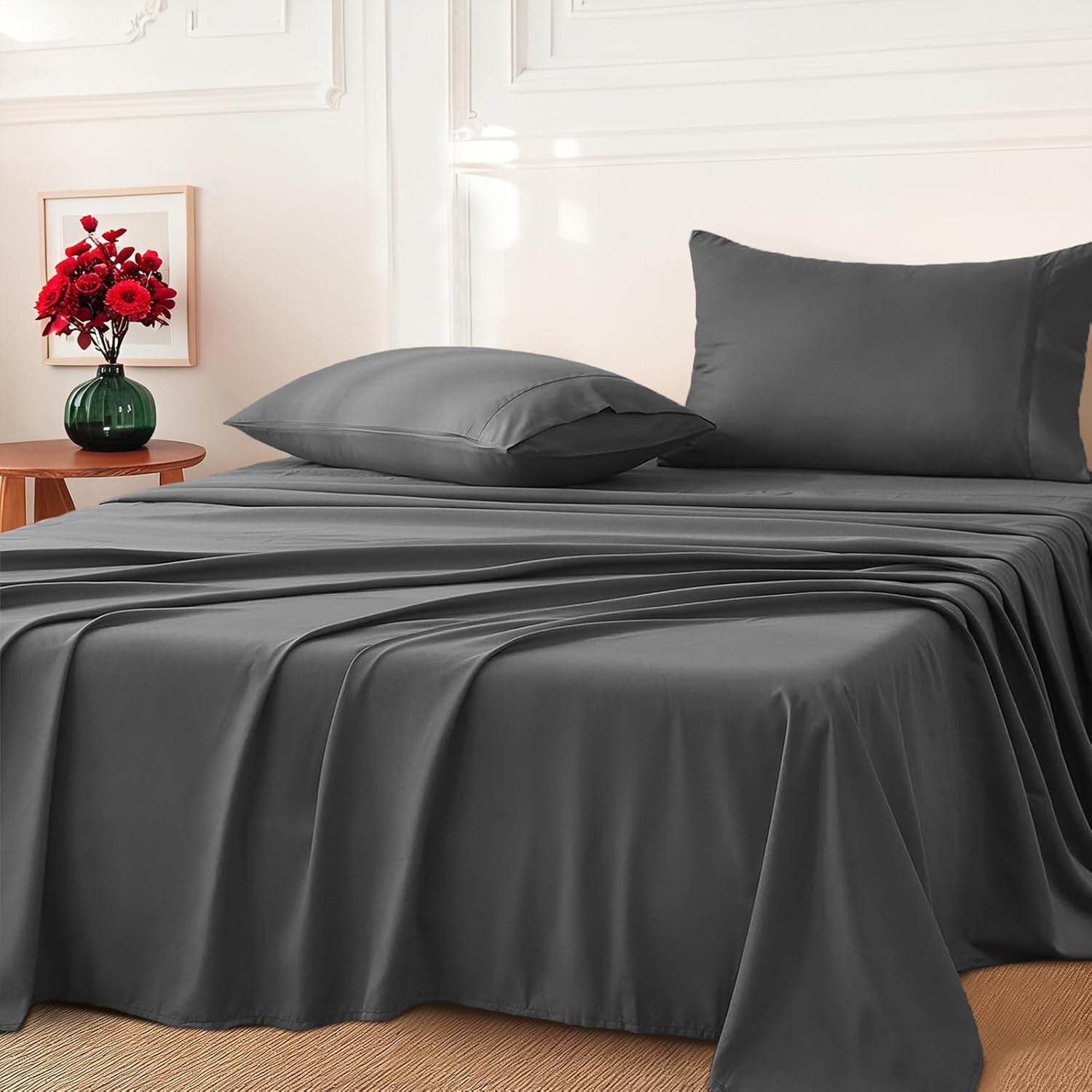 King Single Size Bed Sheet Set - 3PCs (Fitted Sheet, Flat Sheet, Pillowcase) - 1000TC Ultra Soft Microfiber Breathable Bedding -Luxury Hotel Style, Grey-1