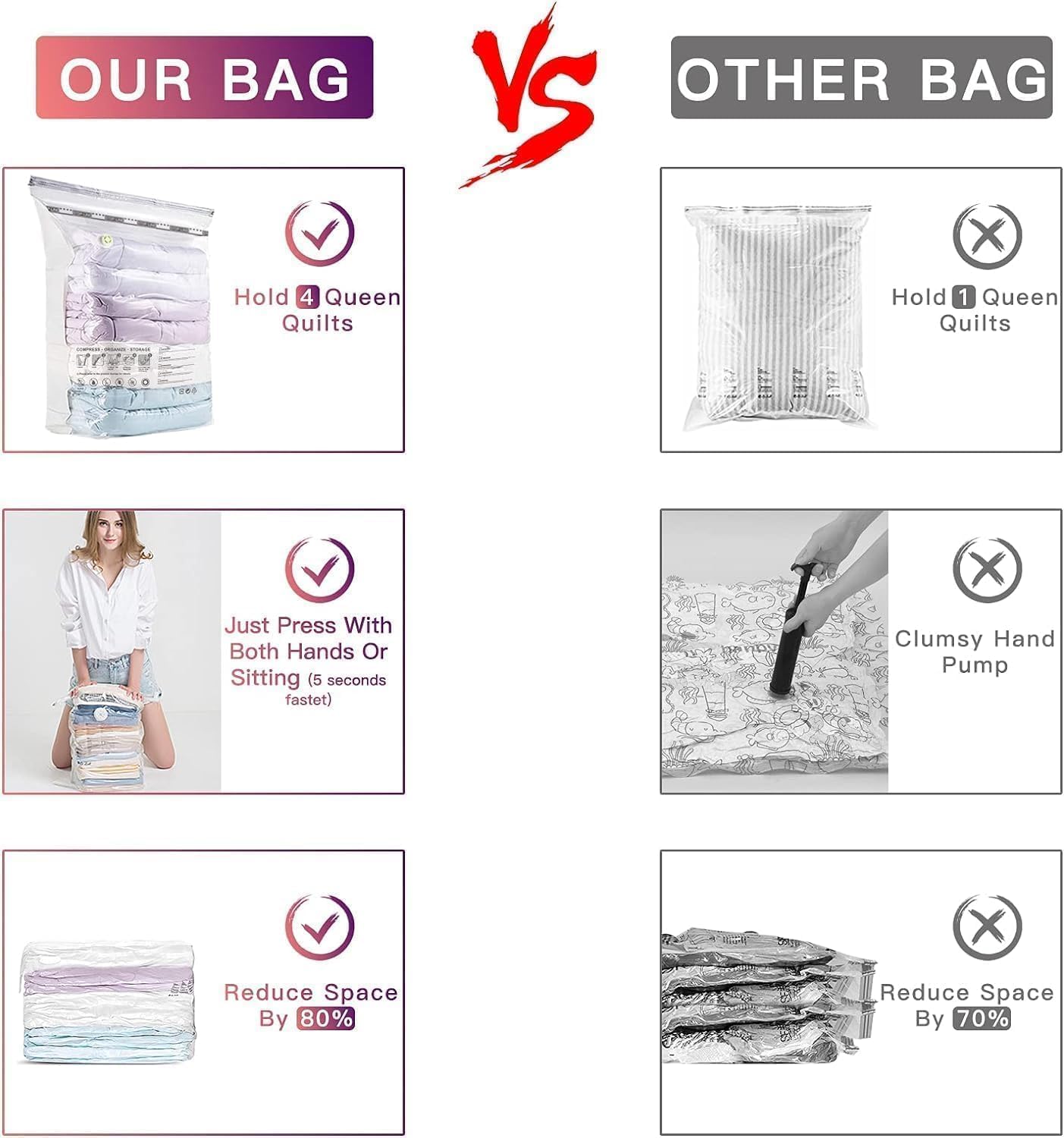 Luxear Vacuum Storage Bags for Clothes, 4 Pack (2 Jumbo + 2 Medium) Extra Large Vacuum Bags for Comforters Blankets Beddings Quilts - No Pump 5S Free Up 80% Space Closet Organizer Vacuum Sealer Bags