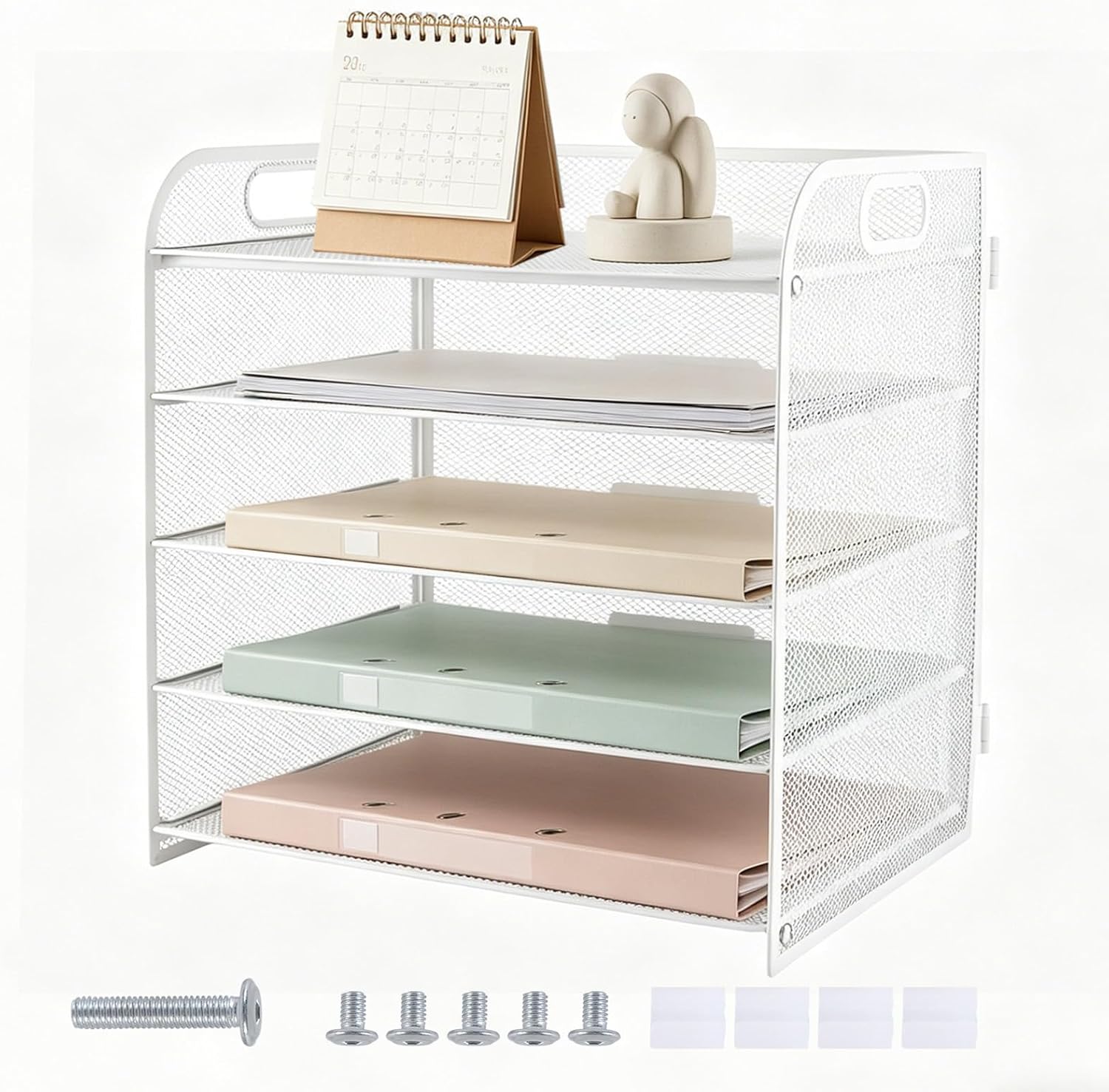 5-Tier Mesh Desk File Organizer with Handle, White Letter Tray Paper Sorter, Desktop Document Holder for Office, Home, Classroom & School