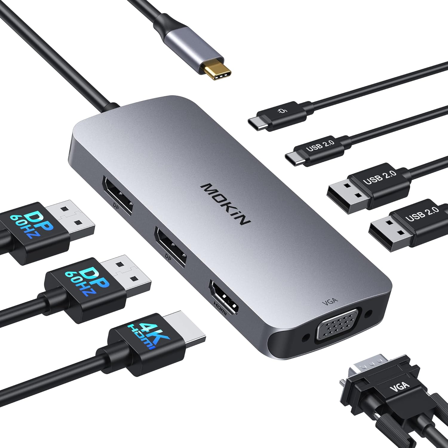 USB C Docking Station Dual DisplayPort, 8 in 1 USB C Hub with 2 DP, HDMI, VGA, 2 USBA 2.0, PD Charging Port, Multi Monitor Adapter for Dell/HP/Lenovo Laptops