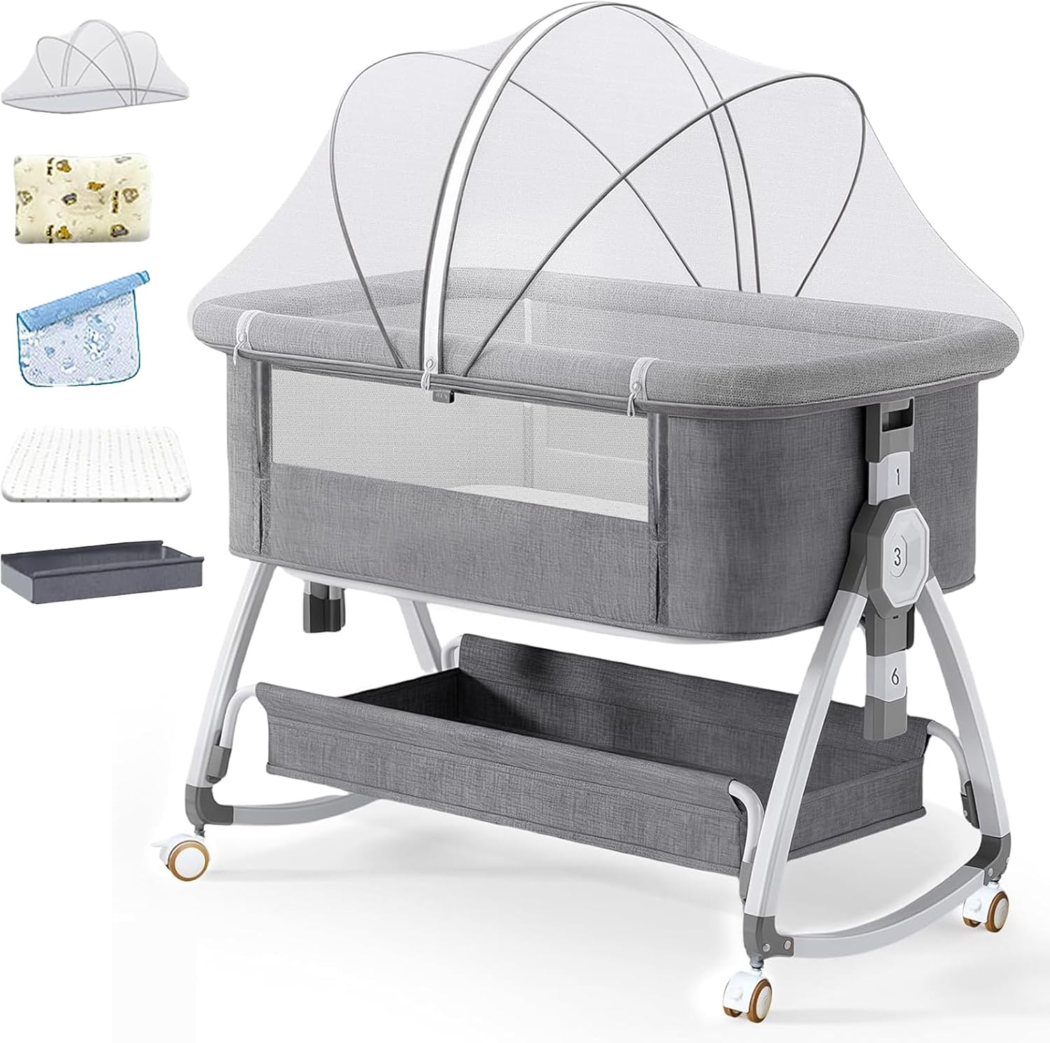 4 in 1 Baby Bassinet Crib,Portable Bassinets Bedside Sleeper with Comfy Mattress Storage Basket and Mosquito Net,Pillow,Summer Sleeping Mat,Height Adjustment Rocking Bedside Crib (Grey)