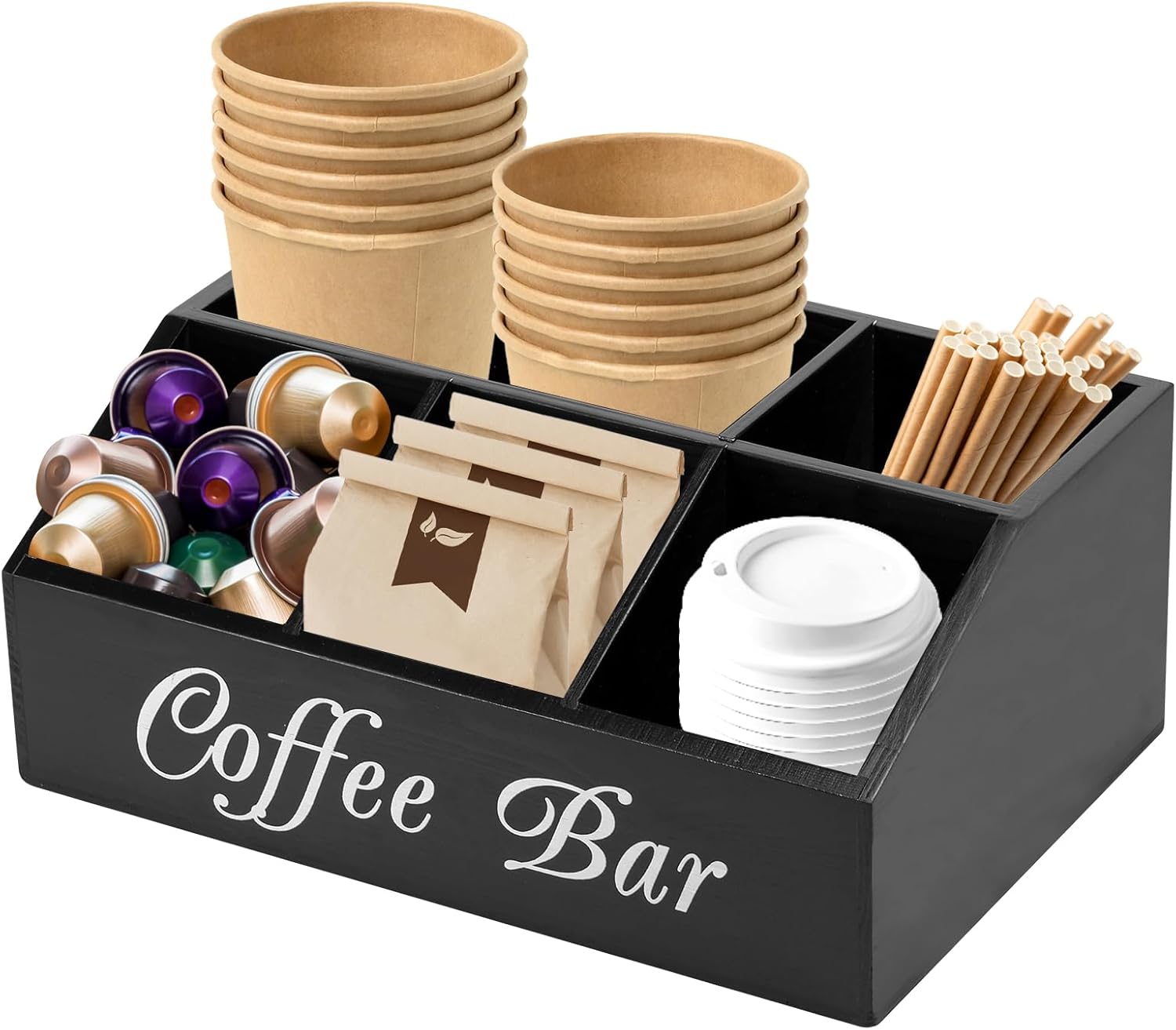 Coffee Station Organizer for Counter, 5 Compartments Bar, Wood Pods Holder Basket, Bar Decor for Accessories Organizer (Black)