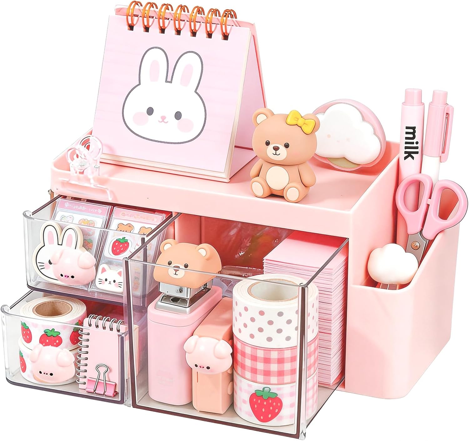 Desk Organiser with 3 Drawers, Small Cute PP Plastic Pen Cup & Stationery Holder, Compact Desktop Storage Desk Tidy and Makeup Brushes Holder for Home & Office Use - Pink