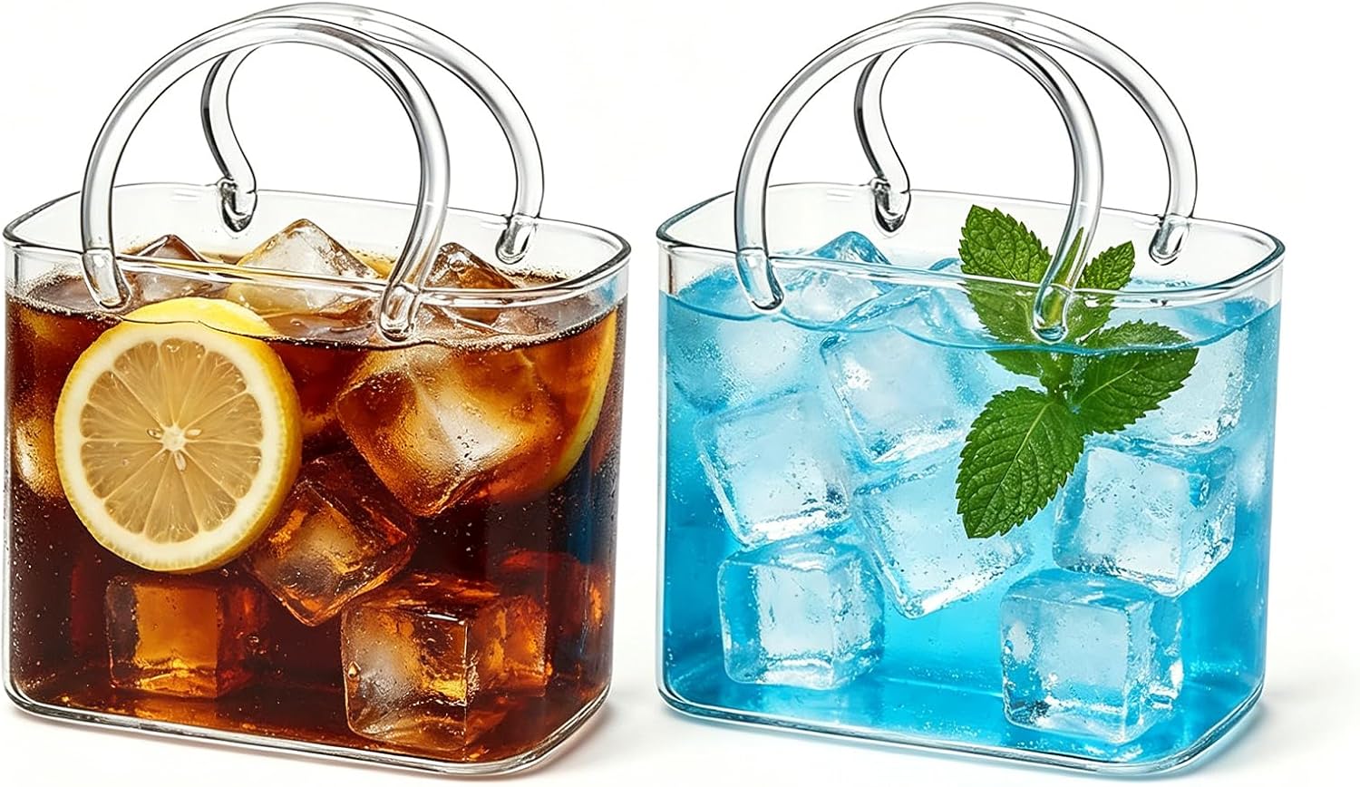 Chris.W 2 Pack Handbag Shaped Glass Cup, Clear Cute Tumbler with Handle & Straw Unique Drinking Glass Cups for Iced Coffee Juice Cocktail Summer Drinks Creative Gift