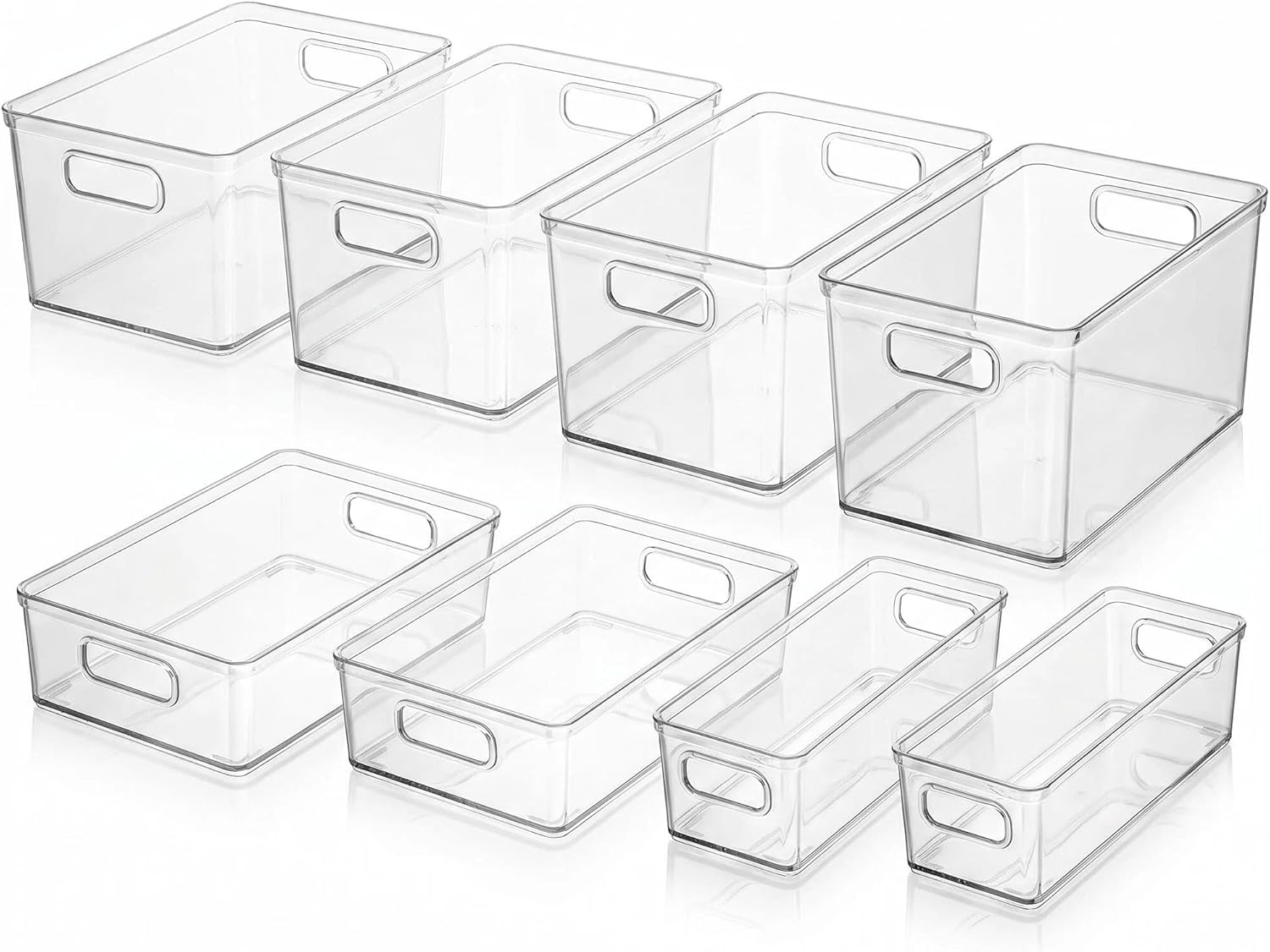 Set of 8 Clear Plastic Storage Bins with Handles | 4 Large + 2 Medium + 2 Small Stackable Organizer Containers for Pantry, Fridge, Cabinet, Kitchen & Home Organization