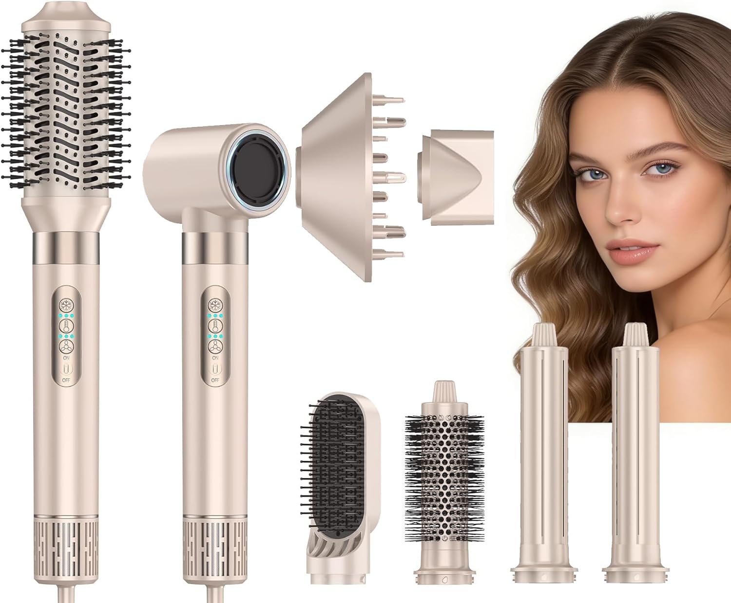 8 in 1 High-Speed Hair Styler & Hair Dryer Brush Set, 110,000 RPM 300M Negative Ion Hot Air Styler with Auto Wrap Curlers, Diffuser, Volumizer, Thermal Brush & Straightener for Fast Drying & Frizz-Free Shine (Premium White) (Champagne Gold)