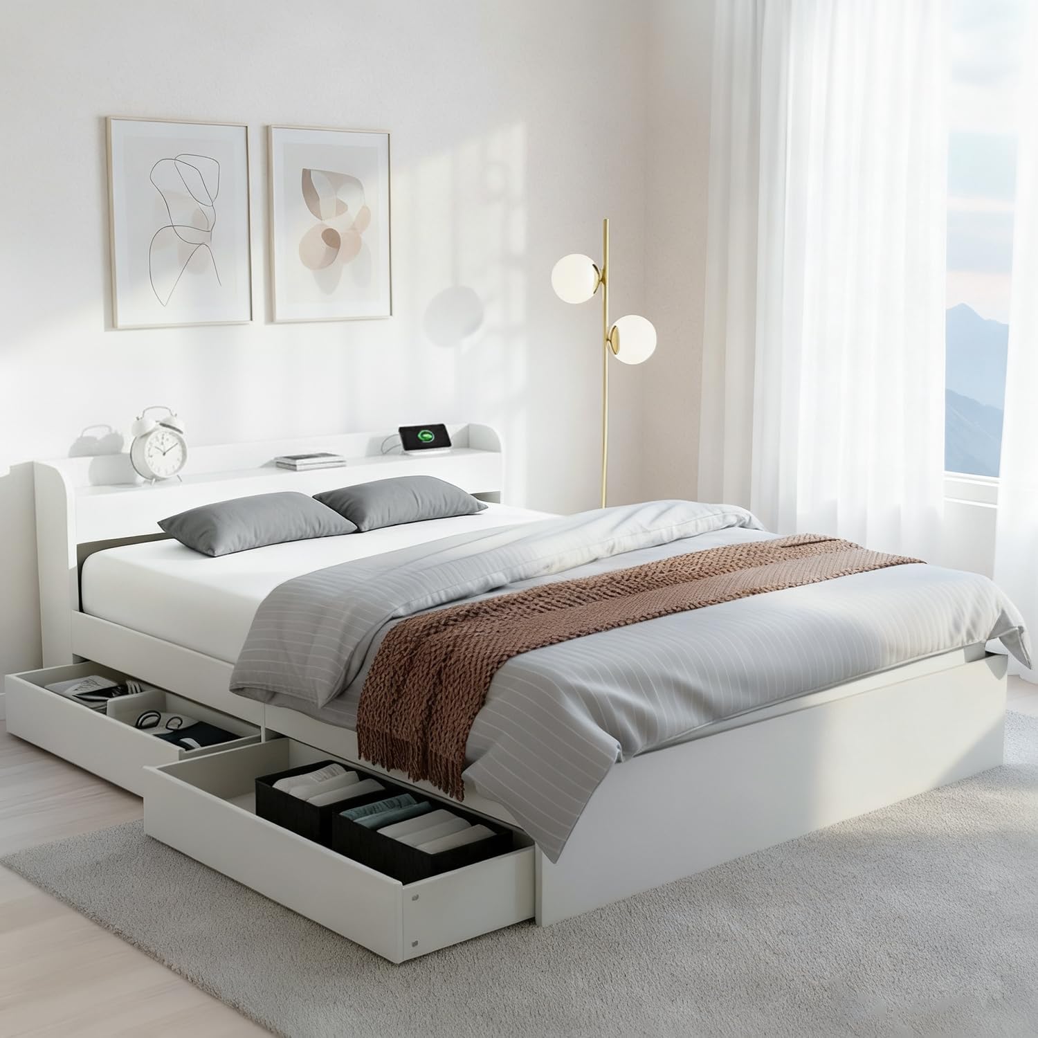 Artiss Double Bed Frame with Drawers & Storage Headboard – Pine Wood Platform Bed with Charger, Perfect for Kids, Toddlers & Adults, Stylish Room Decor