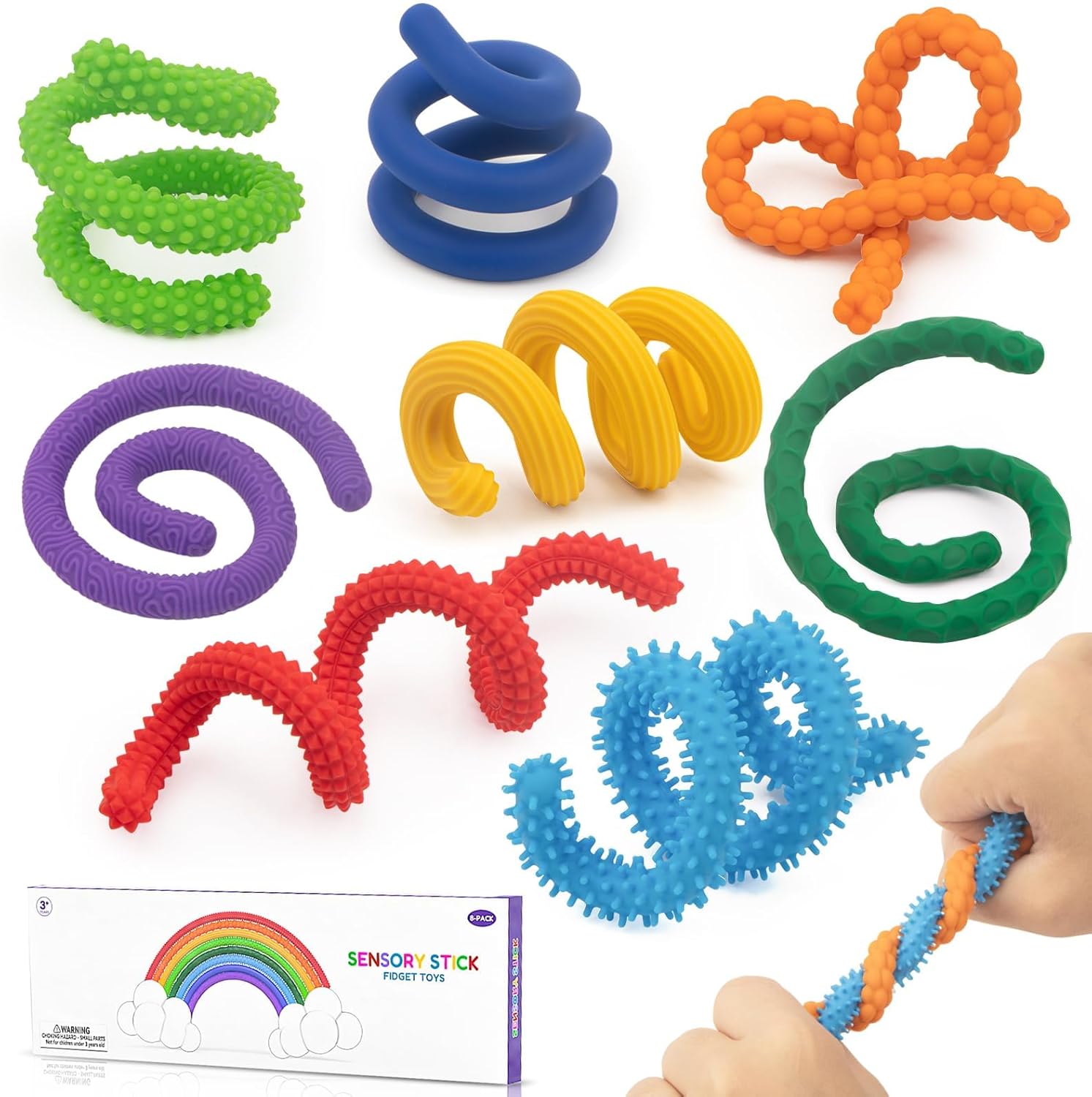8 Pack Silicone Sensory Fidget Sticks Toys for Kids Adults, Flexible Bendable Textured Calming Tools for Autism ADHD Anxiety Relief Stress, Quiet Classroom Travel Must Haves, Stocking Stuffers Gifts