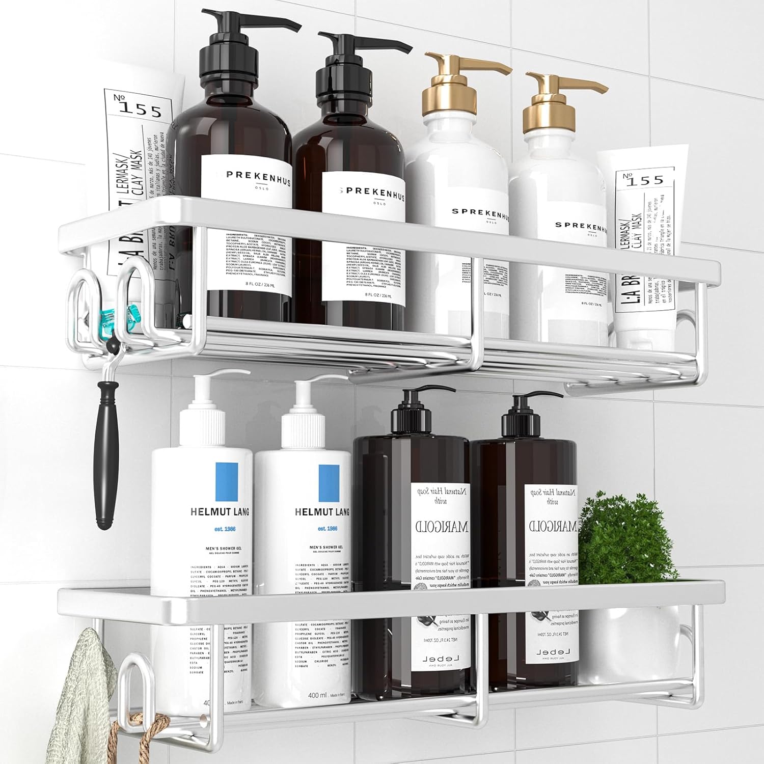 Kitsure Shower Caddy - 2 Pack Rustproof Stainless Steel Bathroom Organiser, Wall-Mounted Shower Shelf with 4 Hooks for Bathroom Storage, Minimalist Style, Large Capacity, 10.0 x 29.5 x 5.5 cm, Silver