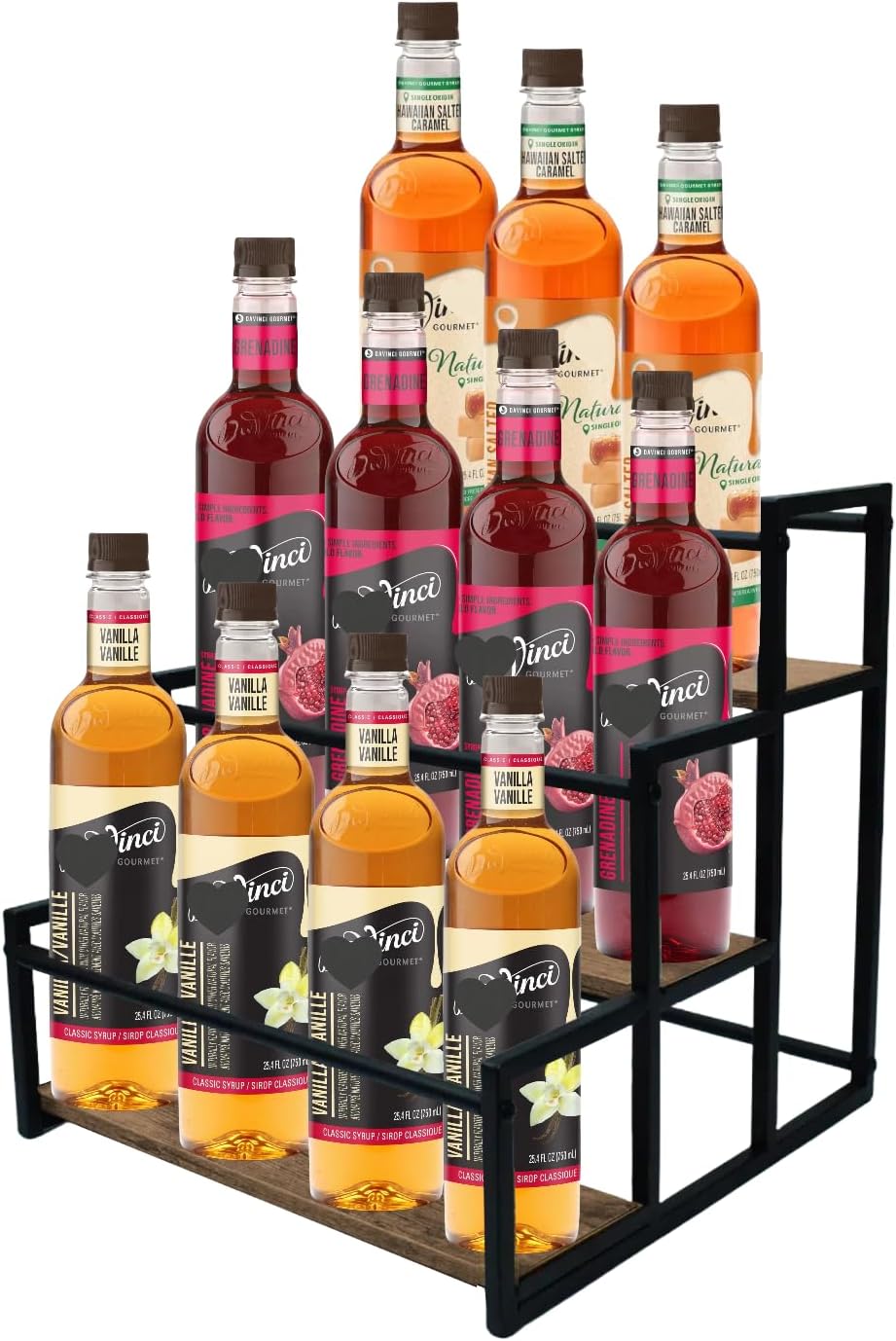 3-Tier Coffee Syrup Rack Organizer 12 Syrup Bottles Holder for Coffee Bar, Display Shelf for Spices, Jars Rustic Stepped Pantry Shelf for for Kitchen Syrup, Wine, Tea & Coffee