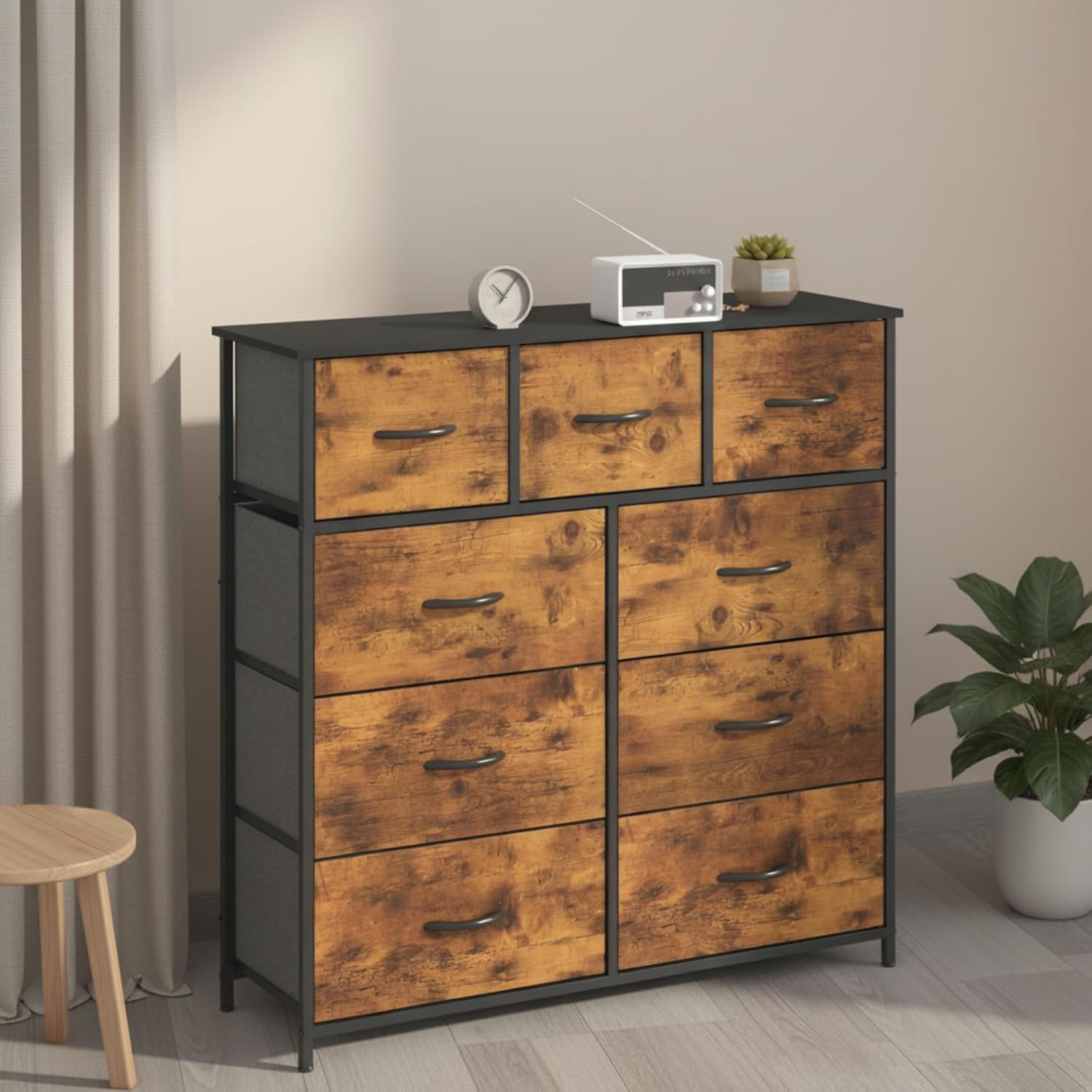 Chest of Drawers with 9 Fabric Drawers, Tower Dresser Organizer, Clothes Toys Tallboy Storage Unit for Bedroom, Living Room, Hallway, Entryway, Brown