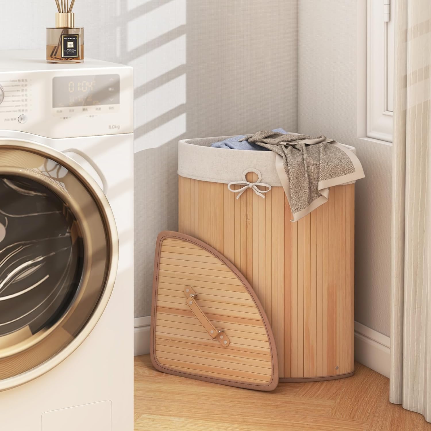 Costway Laundry Hamper with Lid, 72L Bamboo Laundry Basket with Removable and Machine Washable Liner Bag, Collapsible Dirty Laundry Organizer with Handles for Bathroom Laundry Room (72L-White)