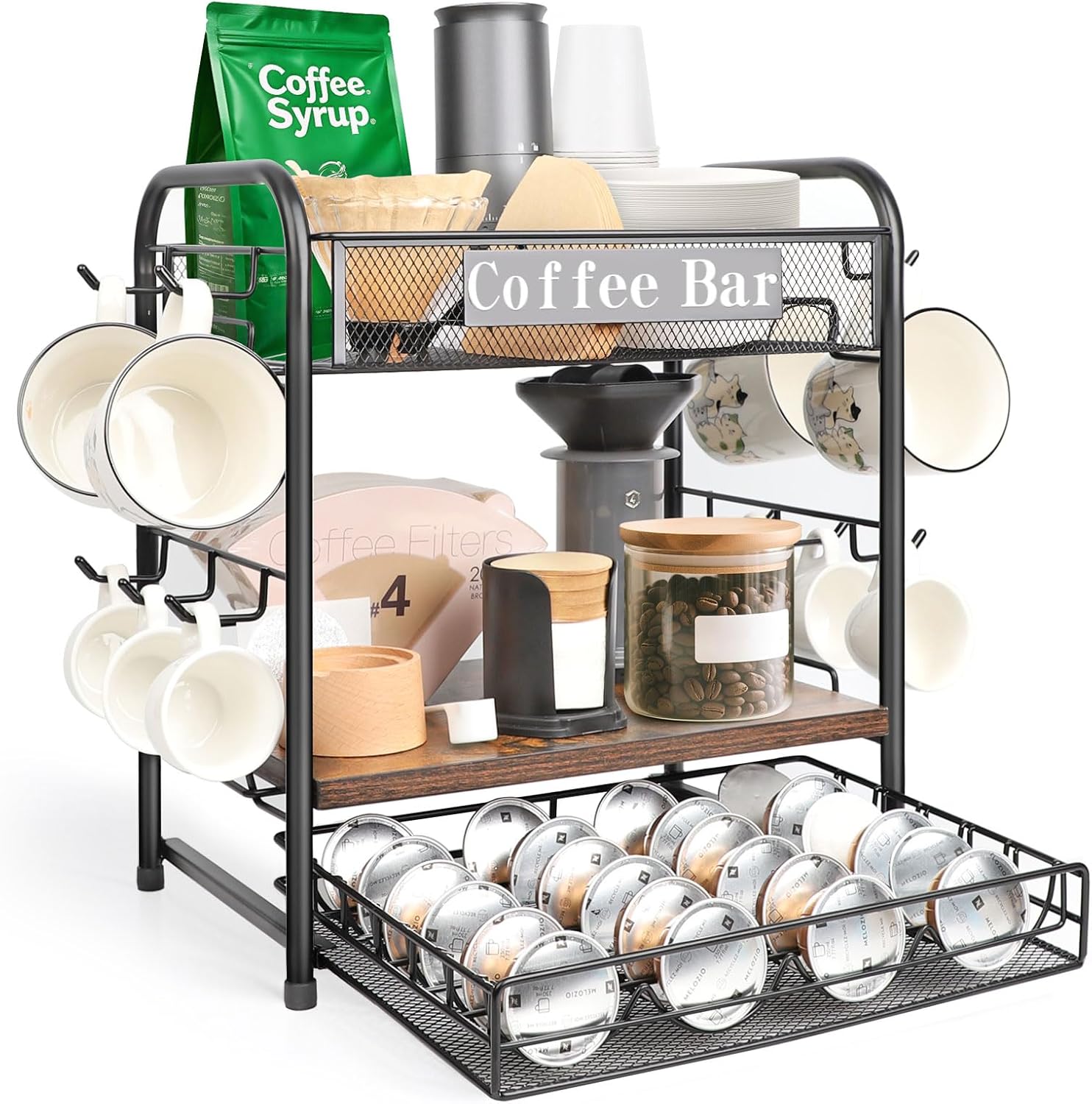 Coffee Bar Organizer, Station Mug Holder for Countertop, Multi-Functional 3 Tier Coffee Cup Tree Rack for Kitchen, Storage Shelf with 10 Hooks, V Pods Organizer Drawer for Home Office