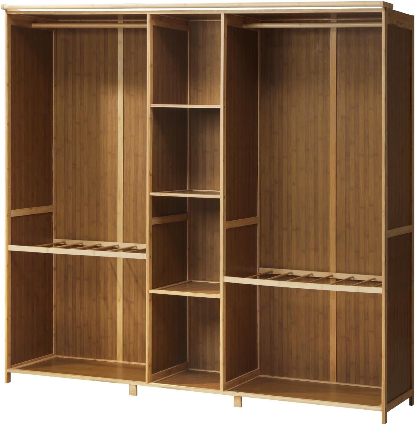 OIKITURE Open Wardrobe Cabinet, Bamboo Closet with Hanging Rail, Wardrobe with Cube Storage and Rack Shelving, Clothes Rack for Bedroom, Living Room, Easy to Assemble, 170x41x162 cm