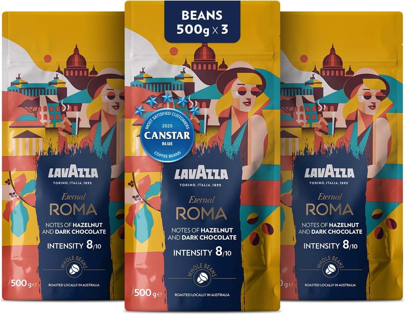 Lavazza, Tales of Italy Eternal Roma, 1.5Kg, Coffee Beans for Espresso Coffee Machines, Notes of Hazelnut&Dark Chocolate, Arabica&Robusta, Intensity 8/10, Medium Roasting, Roasted in Australia, 3x500g
