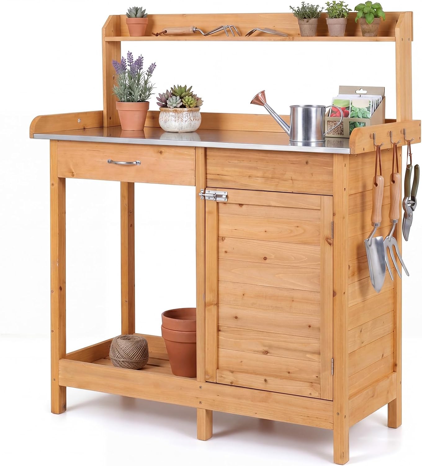 Giantex Garden Potting Bench Table, Plant Work Station w/Stainless Steel Tabletop, Lockable Cabinet, Removable Drawer, Top & Lower Shelf, 3 Hooks, Indoor Outdoor Flower Pot Bench for Yard Porch Lawn