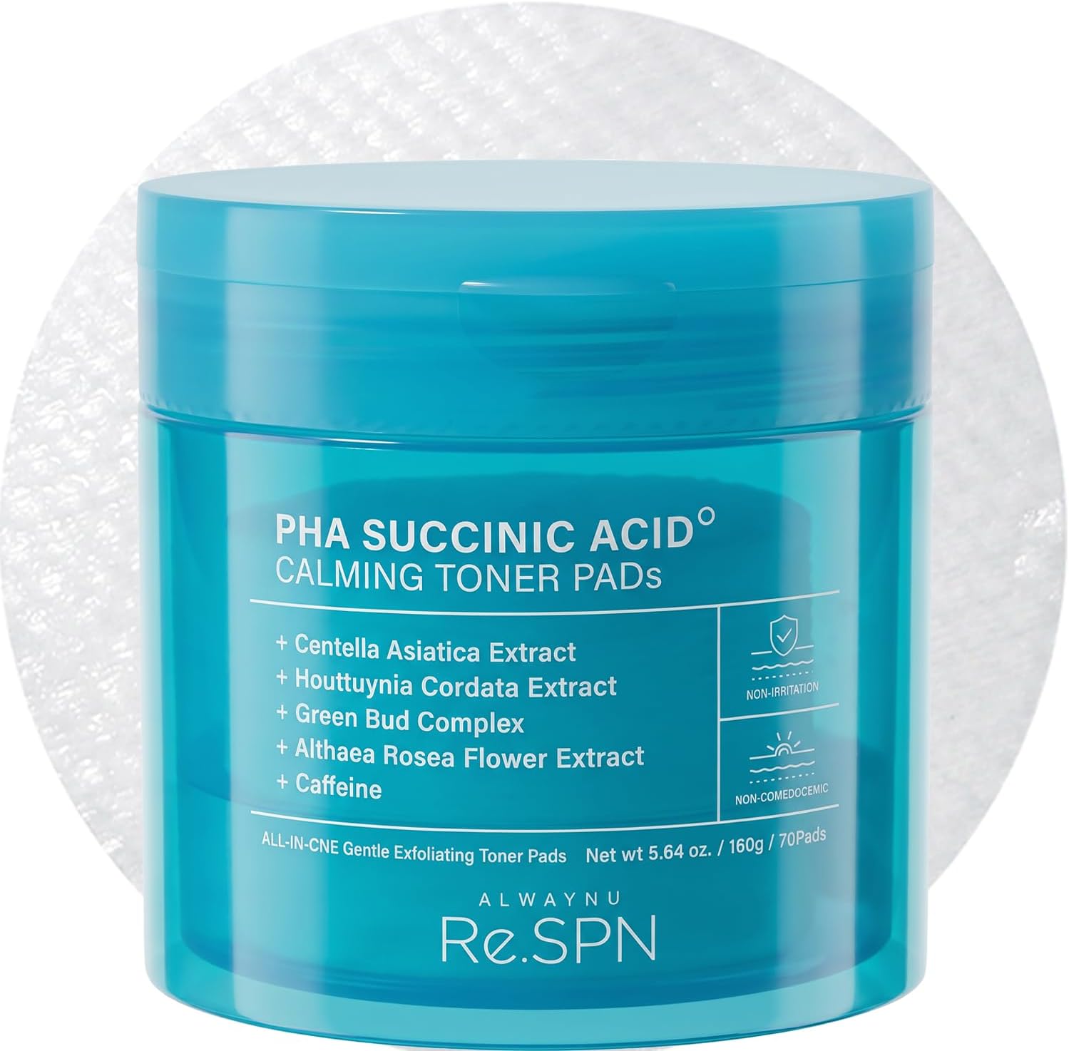 Re.SPN PHA Succinic Acid Calming Toner Pads – Daily Exfoliating, Hydrating and Soothing with CICA, Caffeine, Non-comedogenic, Vegan, Glass Skin, K-Beauty (70 Count)
