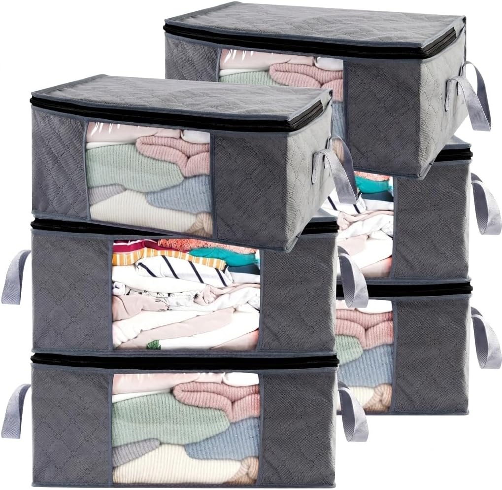 Storage Clothes Bins Closet Bags - 35L Containers Organizer Boxes Clothing Bin Organization for Organizing Blanket Pillow Sheet Sweater, Foldable Bedroom Small Storage Totes With Lids Zipper, 6pc Pack