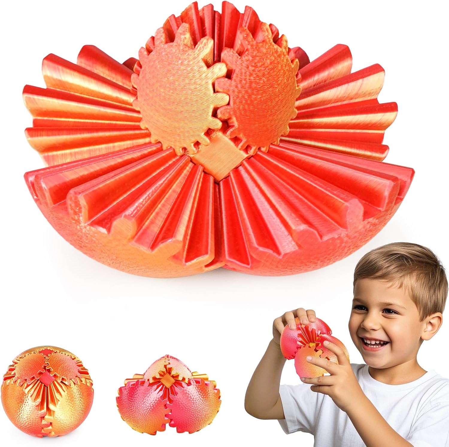 Gear Ball Fidget Toys Steampunk Gear Sphere Stress Relief Sensory Toys Autistic Kids Adults 3D Printed Unique Funny Gifts Birthday Christmas Stocking Stuffer Easter (Sunset Red, Dia. 6cm )