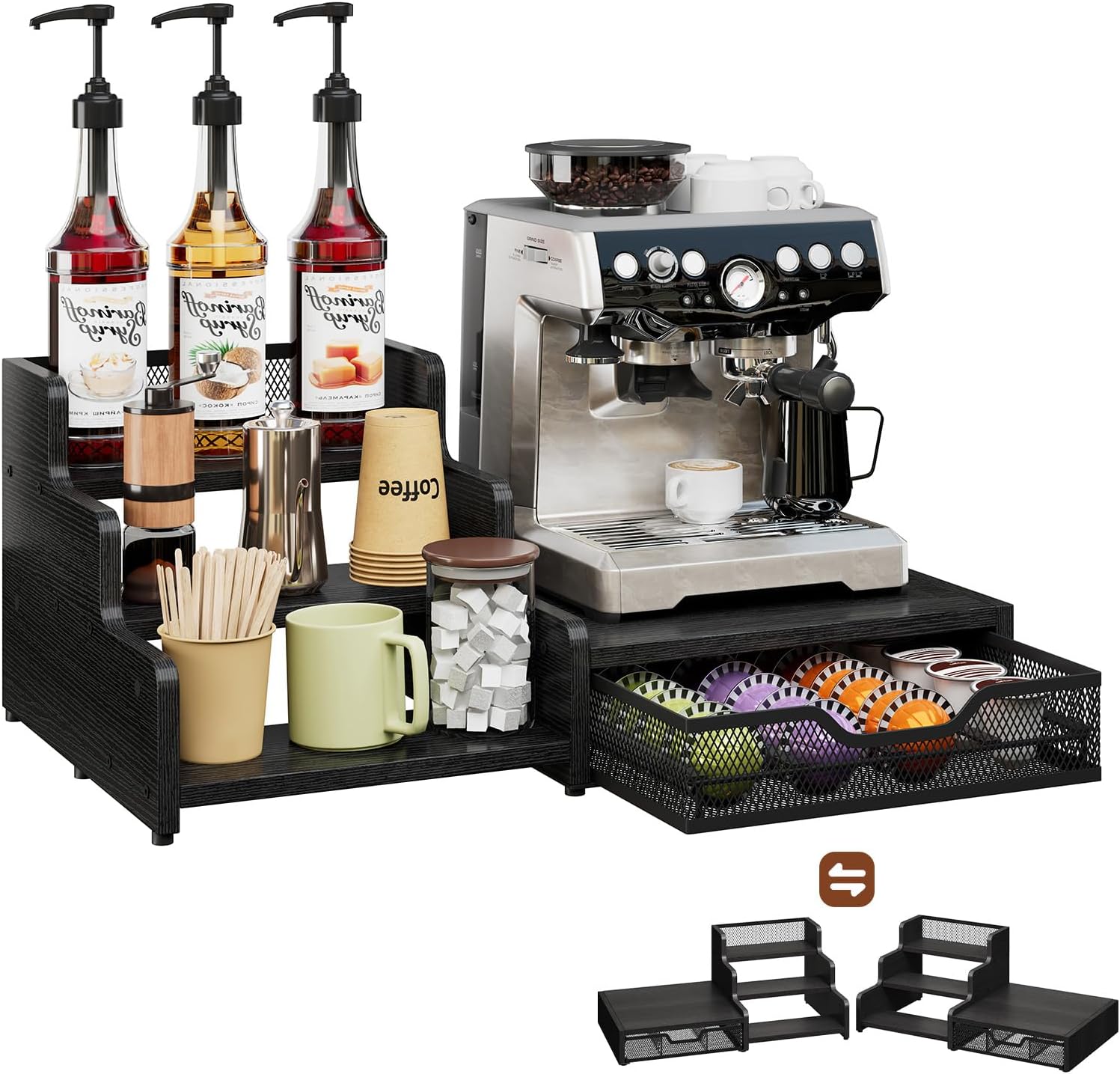 Coffee Station Organizer Compatible with Nespresso Vertuo Pods, Holds 48 Small or 32 Large Pods, 3-Tier Coffee Bar Organizer with K-Cup Holder, Coffee Pod Drawer & Syrup Cups Rack for Accessories