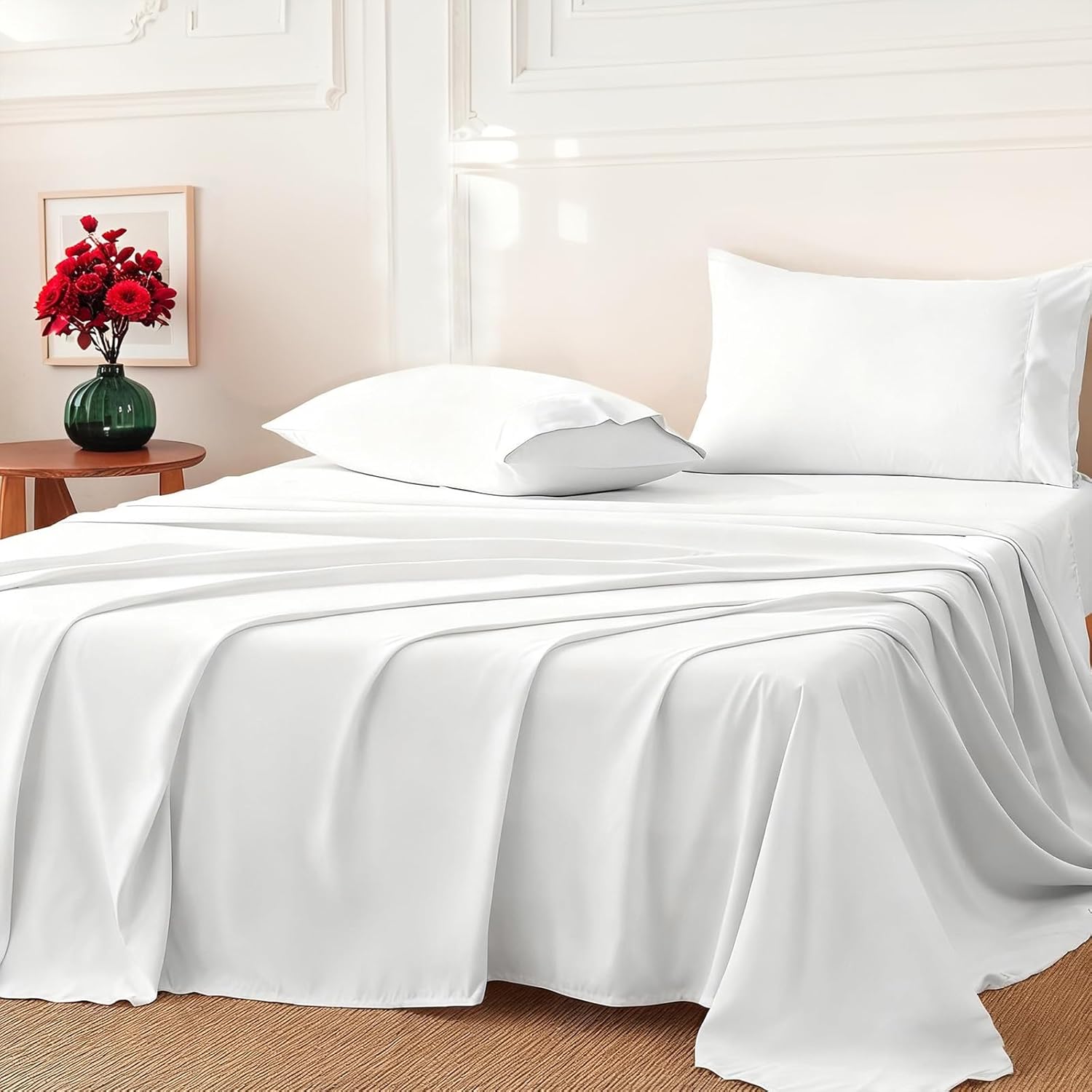 King Single Size Bed Sheet Set - 3PCs (Fitted Sheet, Flat Sheet, Pillowcase) - 1000TC Ultra Soft Microfiber Breathable Bedding -Luxury Hotel Style, White-1