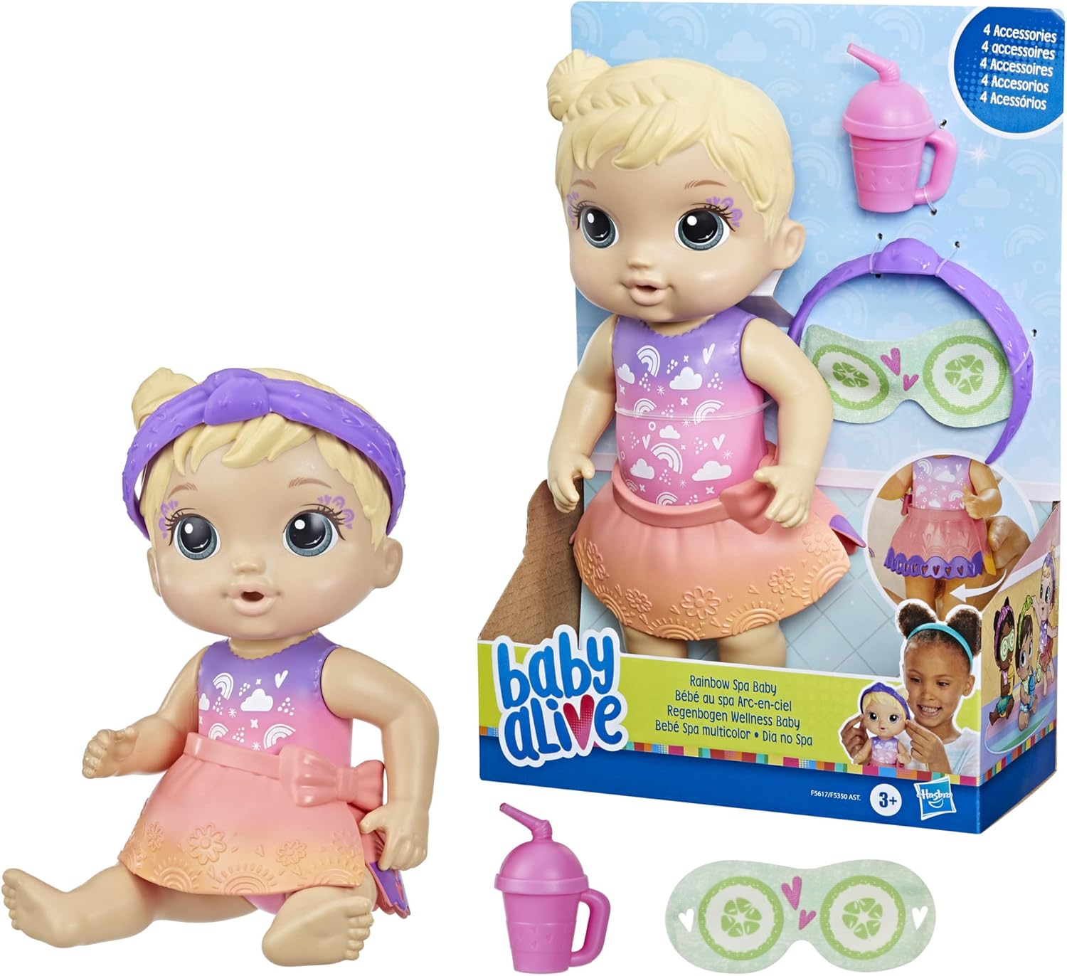 Baby Alive Rainbow Spa Baby Doll, 9-Inch Spa-Themed Toy for Kids Ages 3 and Up, Includes Doll Eye Mask and Bottle, Blonde Hair