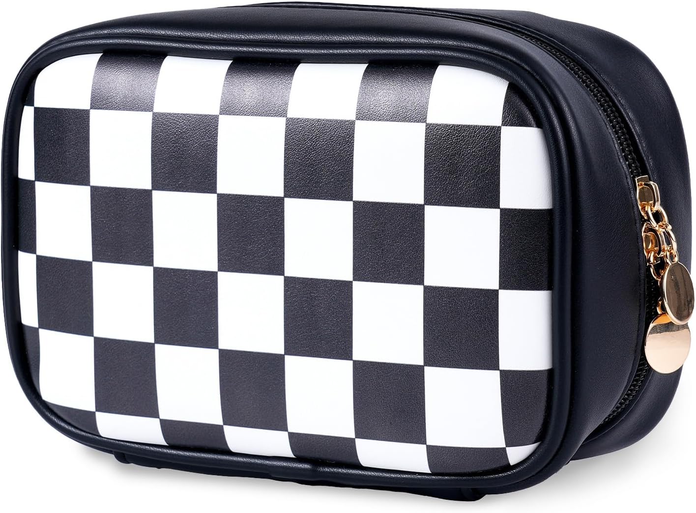 Makeup Bag for Women Travel,Small Cosmetic Bag for Girl,Checkered Make up Bag organizer for Purse,Cute & Waterproof Leather Makeup Bags with Multiple Compartments (BLACK, SMALL)