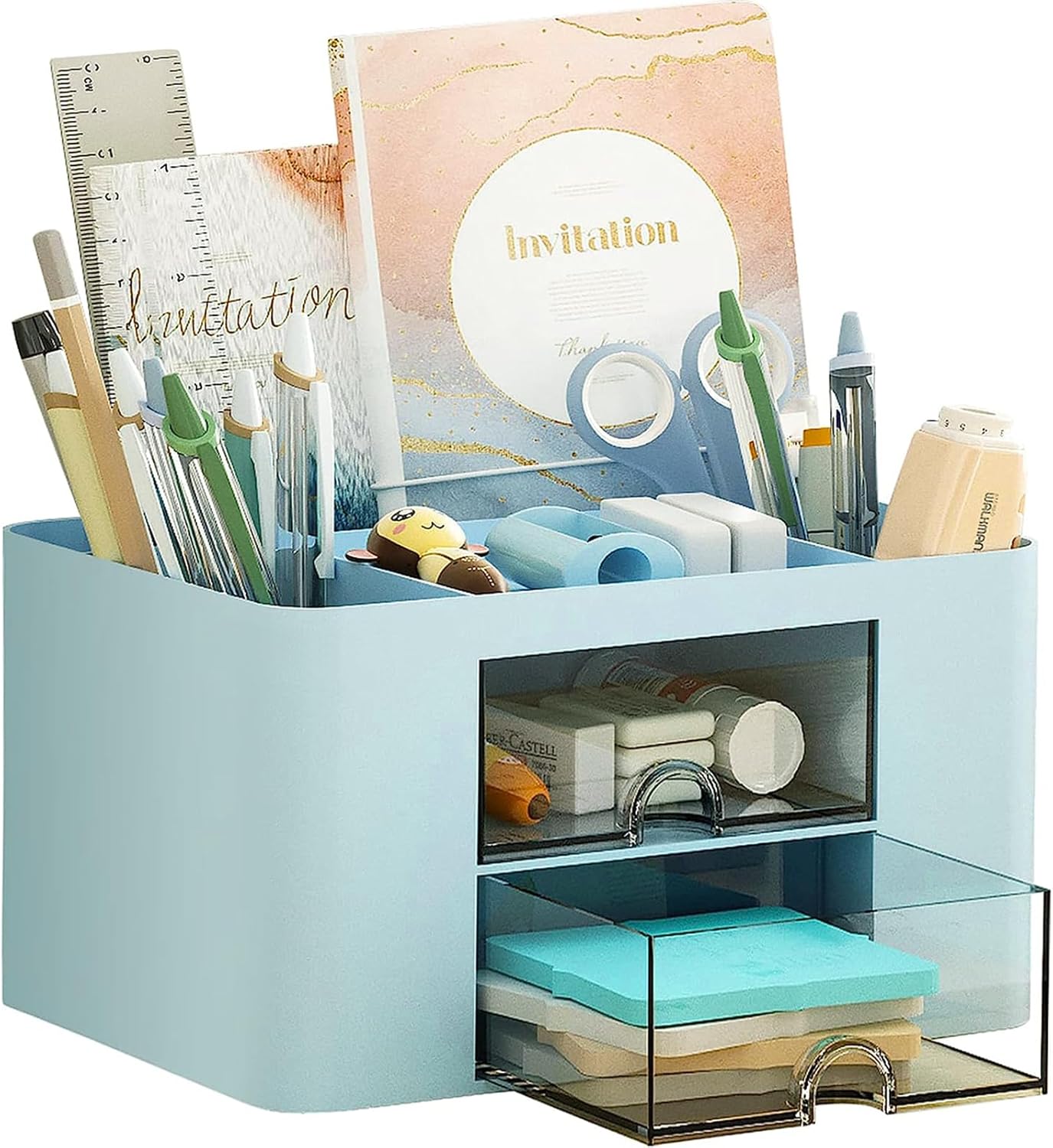 COMFYROOM Desk Organizer with 4 Compartments and 2 Drawers, Pen Holder for Desktop Storage, Makeup Organizer, Desk Organization and Accessories for School, Home, Office Supplies (Blue)