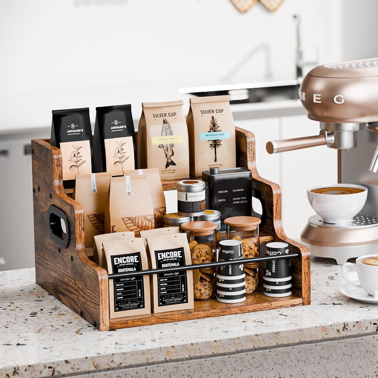 Wooden Kitchen Counter Shelf - 3 Tier Coffee Station Organizer & Spice Rack, Countertop Organizer for Spices Accessories, Kitchen Shelf Organiser for Home, Coffee Bar