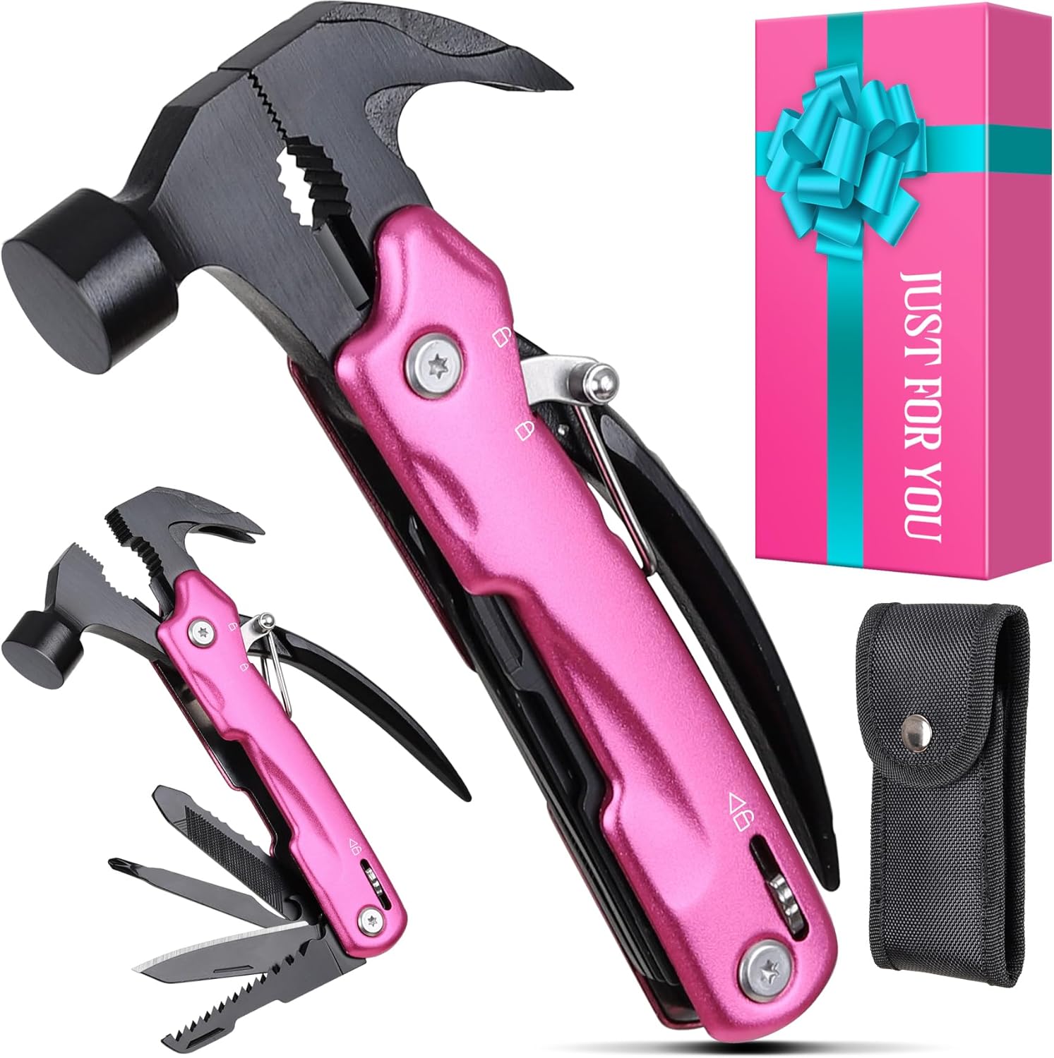 Pink Multitool Hammer Camping Essentials Gear - Stocking Stuffers for Women - 12 in 1 Multi Tool with Screwdrivers Pliers Knife Bottle Opener for Hiking, Christmas Mothers Day Birthday Gifts for Mom