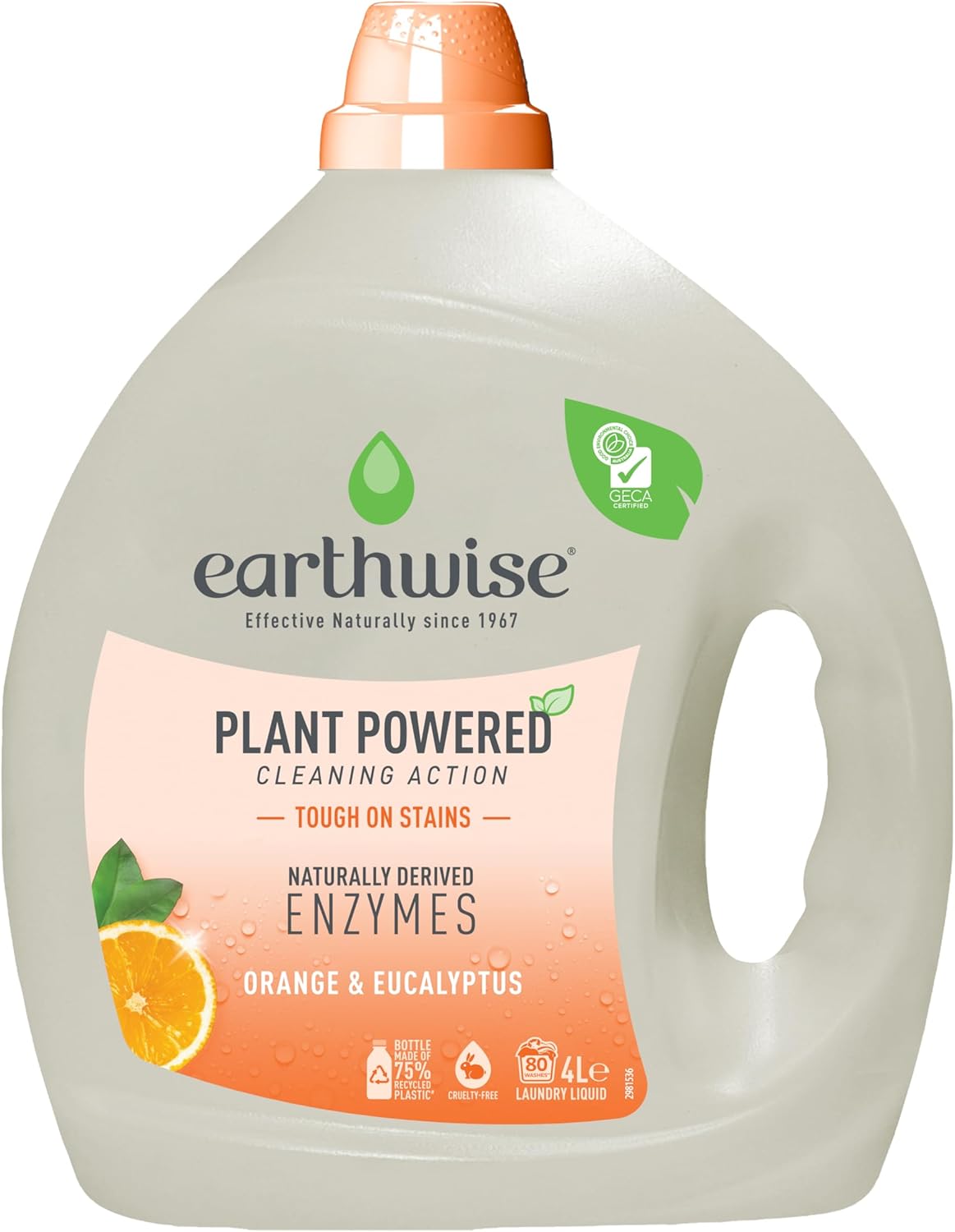 Earthwise Orange & Eucalyptus Laundry Washing Detergent Liquid 4L, 80 Washloads, Suitable for Front & Top Loader, Tough on Stains, Plant Powered Cleaning Action with Naturally Derived Enzymes