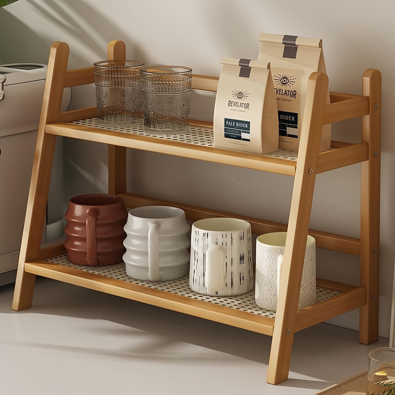 Coffee Station Organizer,2 Tier Bamboo Mug Holder Countertop, Kitchen Counter Shelf for Tea Coffee Bar Accessories, Matcha Stand, Cup Display, Condiment Storage Rack(Wood)