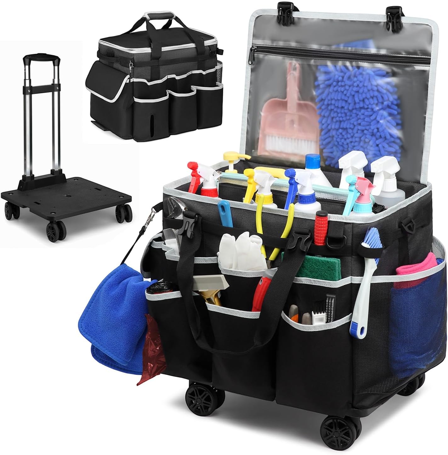 Large Rolling Cleaning Caddy Bag with Detachable Trolley, Waterproof Cleaning Caddy for Housekeepers, Cleaning Cart Supplies Organizer for Home Car Office (Black)