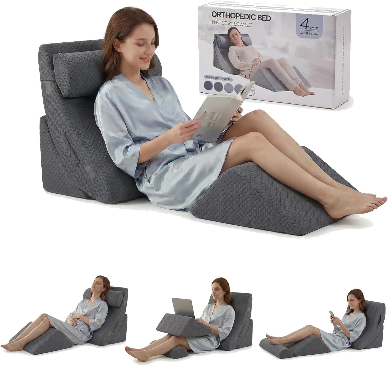 Axelrod Bed Wedge Pillow Set, Foam for Back, Neck and Leg Pain Relief Comfortable & Adjustable Ortho Pillows- Anti Snoring, Heartburn, Acid Reflux & GERD Sleeping (Melange Gray, 21.8'' Wide)