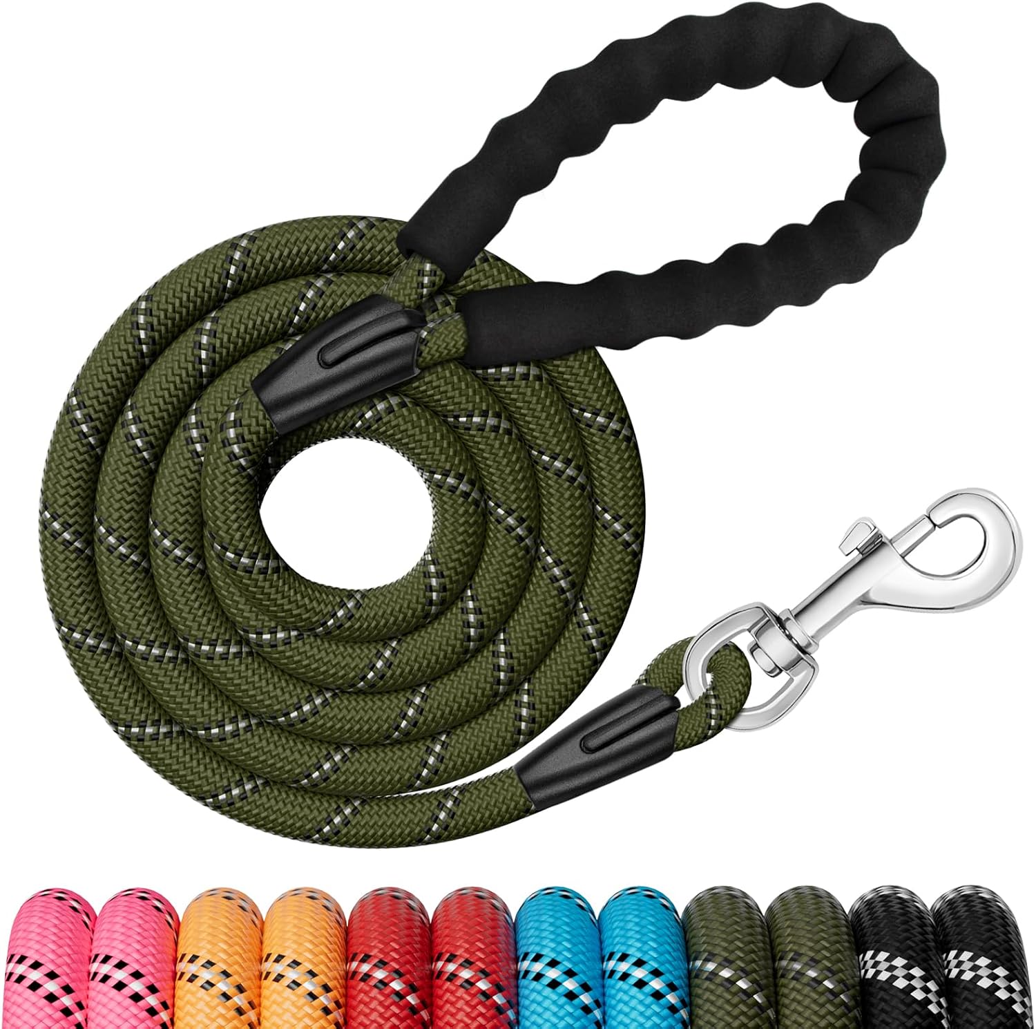 6FT Dog Leash, 1.8m Strong Rope line Dog Lead Leash with Soft Padded Handle and Heavy Duty Hook, Reflective Recall Training Leads for Large Medium Small Dog,10mm, Army Green