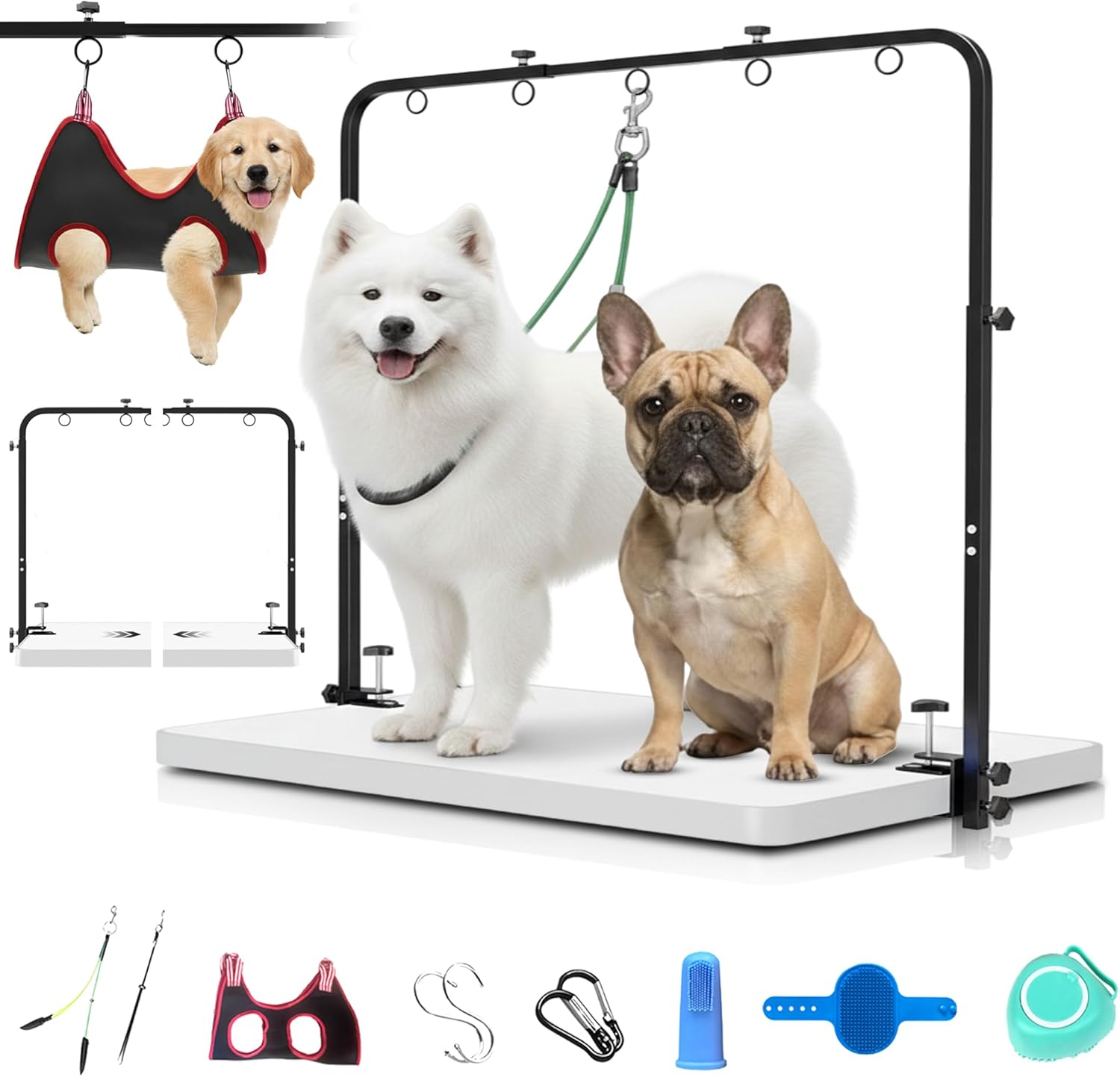 Adjustable Dog Grooming Arm for Table: 42'' Height, 27''–39'' Width, Clamp Fits Up to 2.76'', with Hammock & 2 Nooses