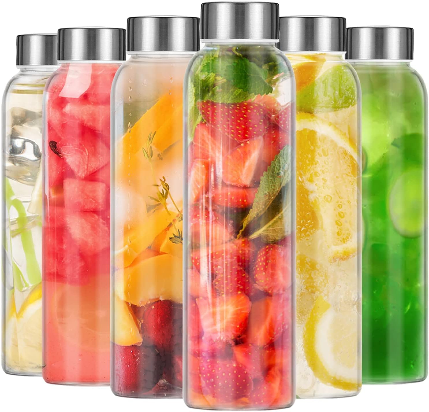 18oz/500ml Glass Water Bottle Set of 6, Reusable Clear Glass Drinking Bottles with Stainless Steel Leak Proof Lid, BPA Free Juice Bottles for Home, Office, Gym & Outdoors